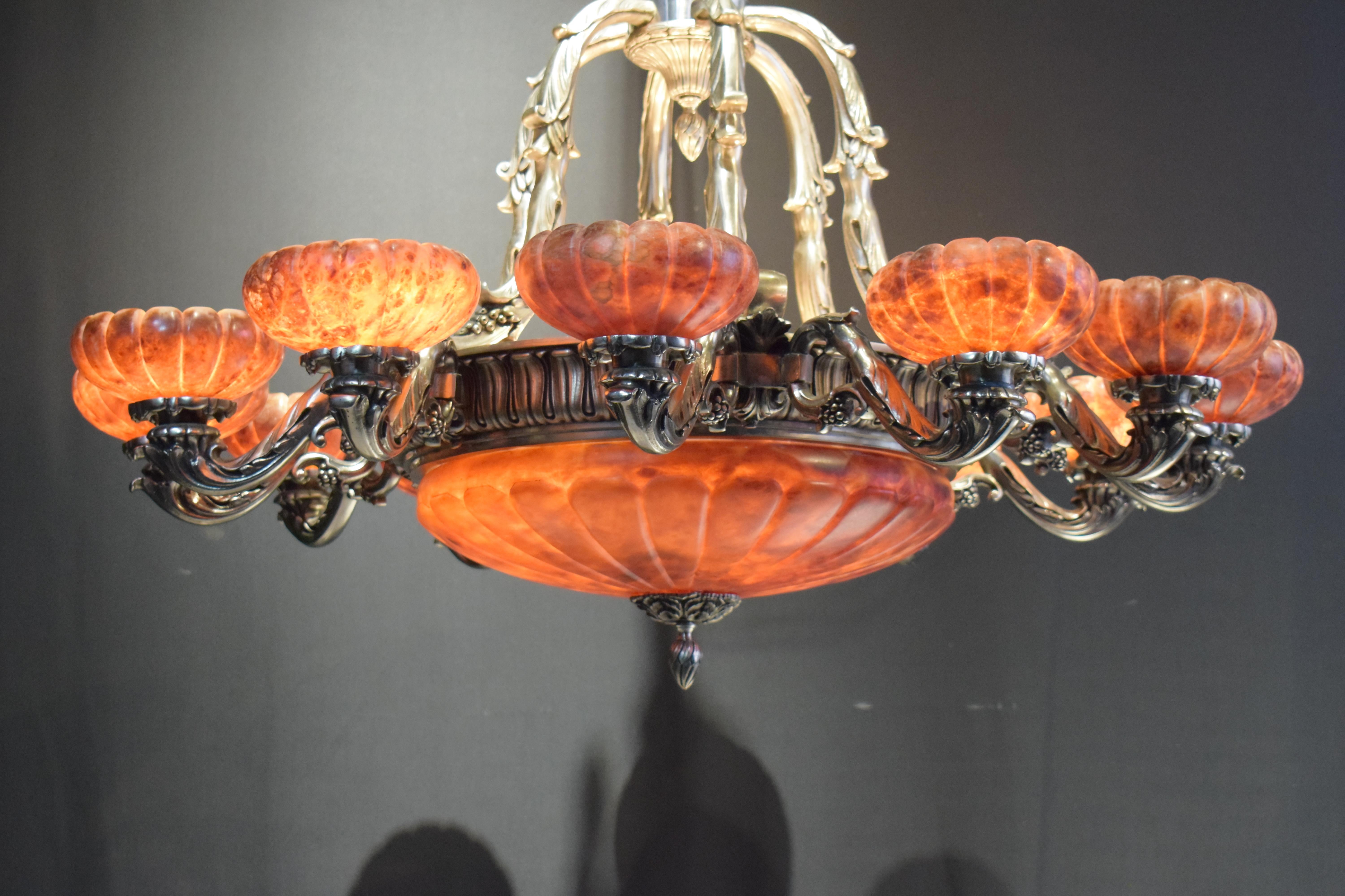 Silver over Bronze & Alabaster Chandelier with Alabaster Dome & Shades For Sale 3