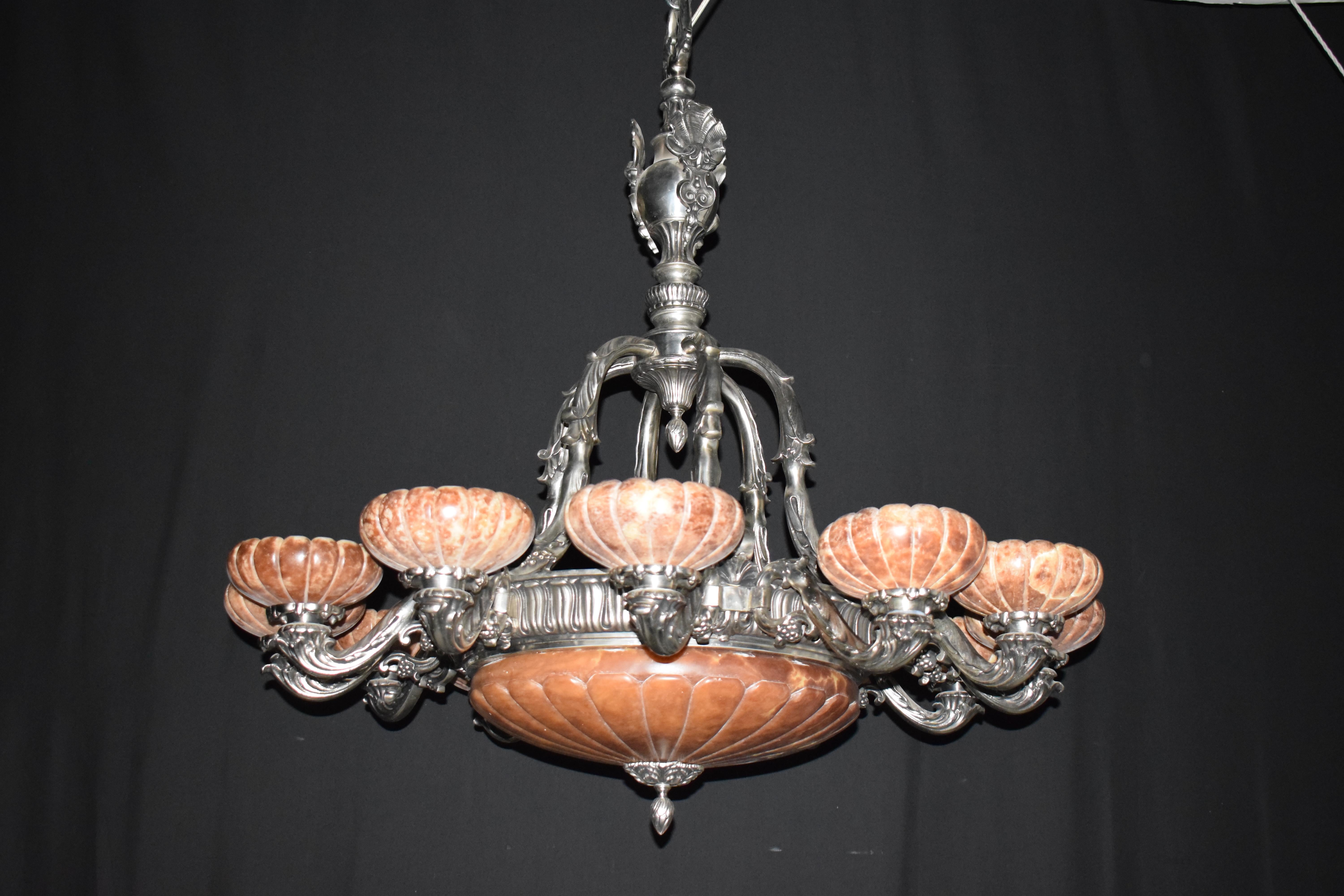 Silver over Bronze & Alabaster Chandelier with Alabaster Dome & Shades For Sale 4