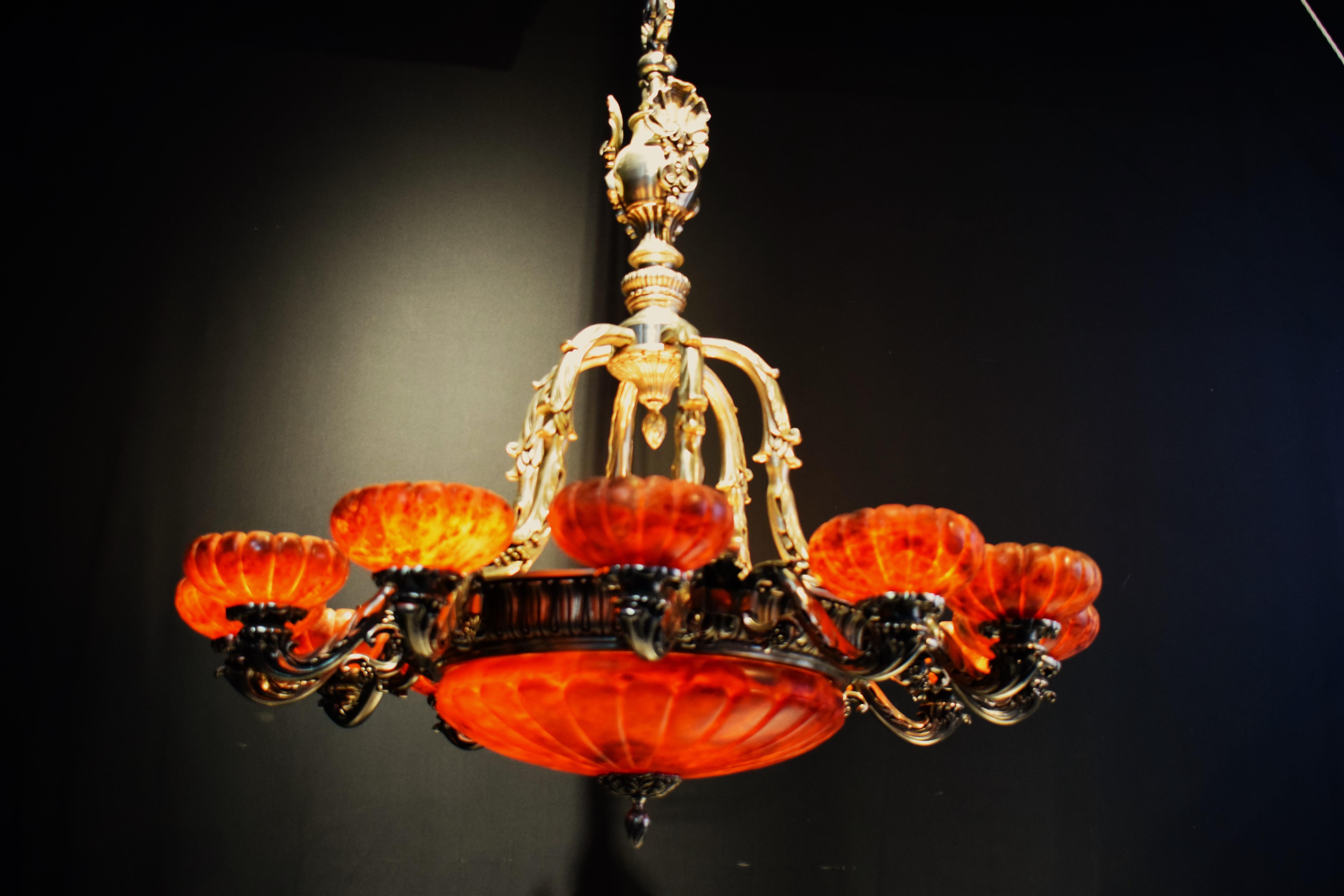 Silver over Bronze & Alabaster Chandelier with Alabaster Dome & Shades For Sale 6