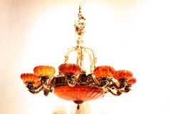 Silver over Bronze & Alabaster Chandelier with Alabaster Dome & Shades