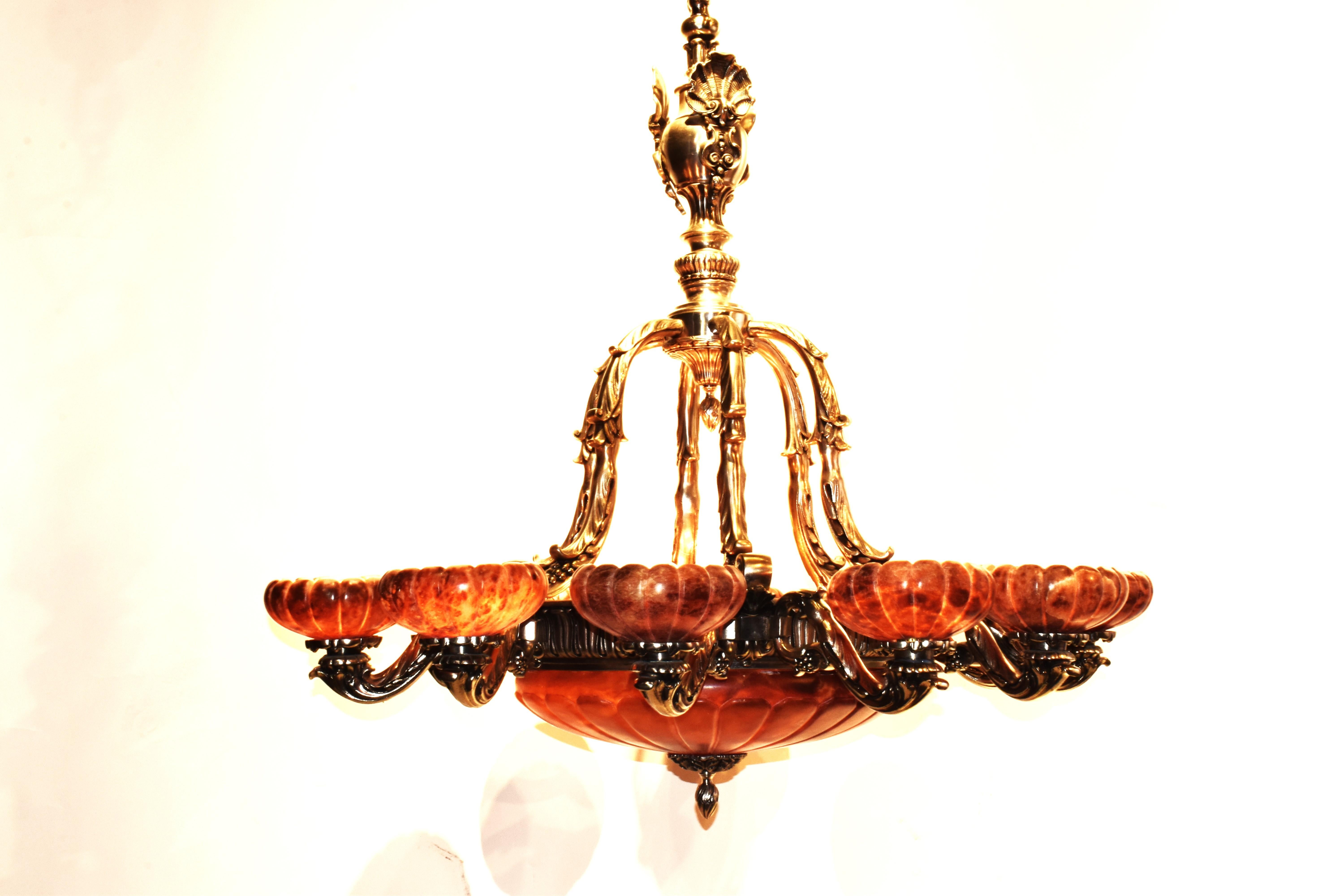 Louis XVI Silver over Bronze & Alabaster Chandelier with Alabaster Dome & Shades For Sale