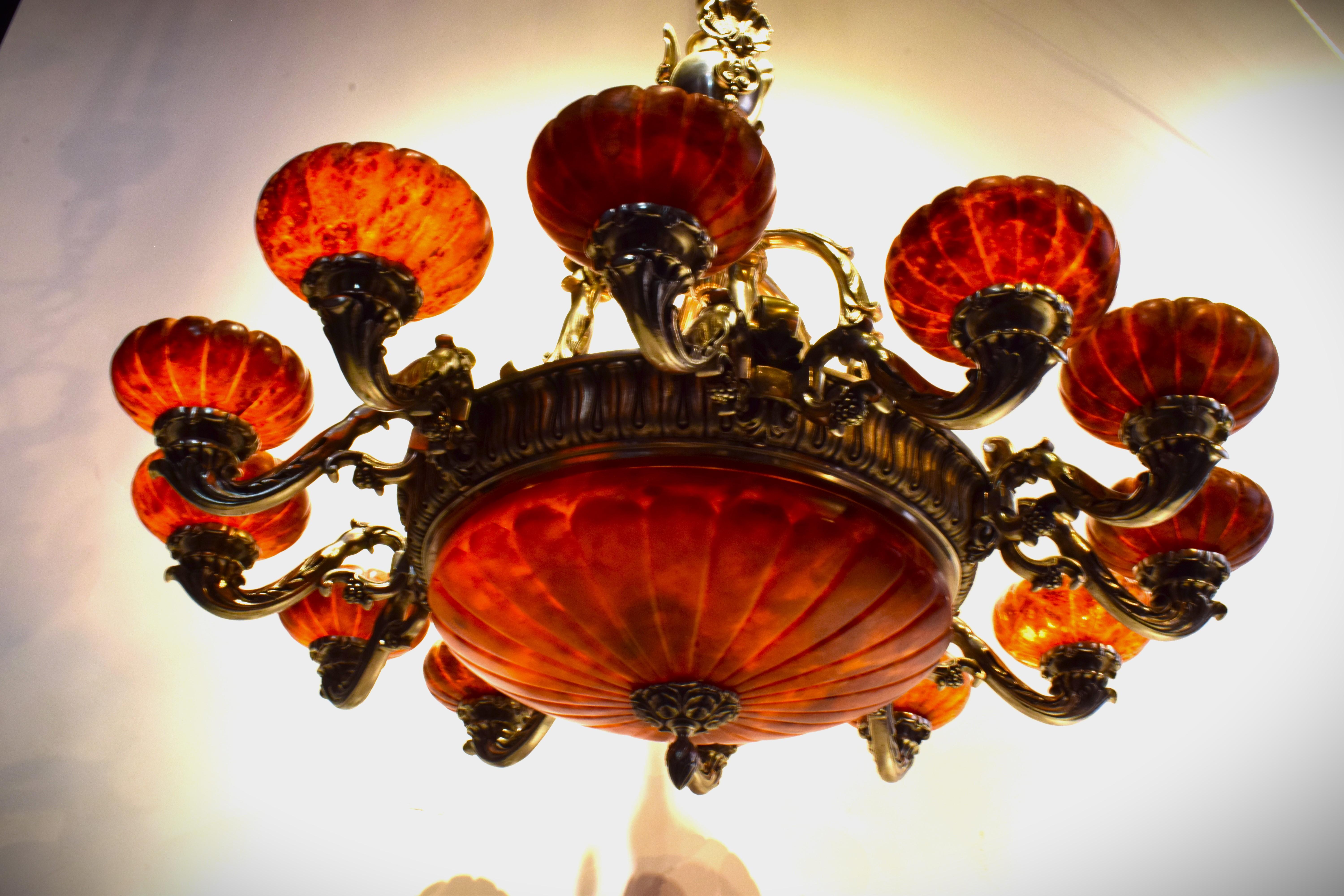 French Silver over Bronze & Alabaster Chandelier with Alabaster Dome & Shades For Sale