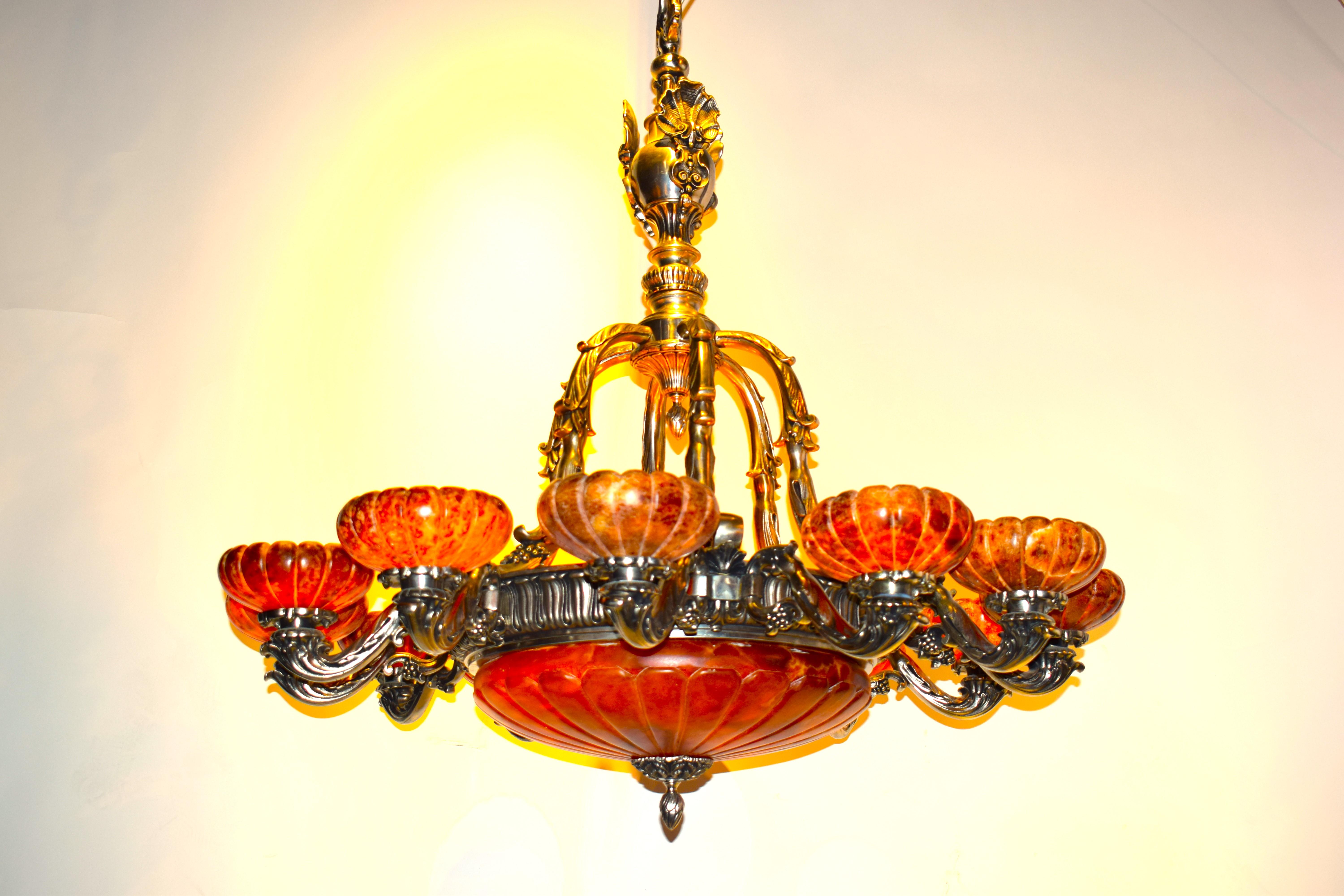 Silver over Bronze & Alabaster Chandelier with Alabaster Dome & Shades For Sale 2