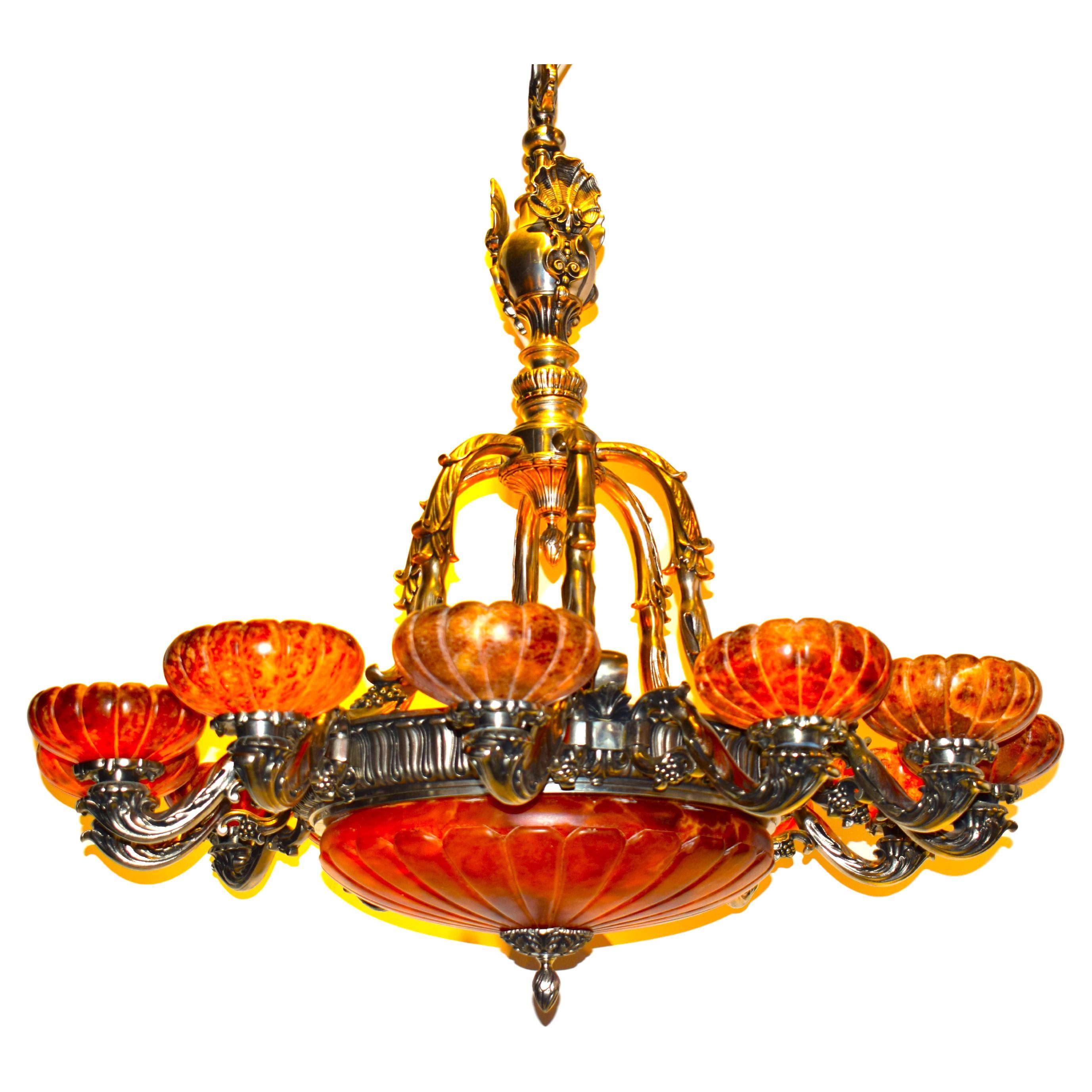 Silver over Bronze & Alabaster Chandelier with Alabaster Dome & Shades For Sale