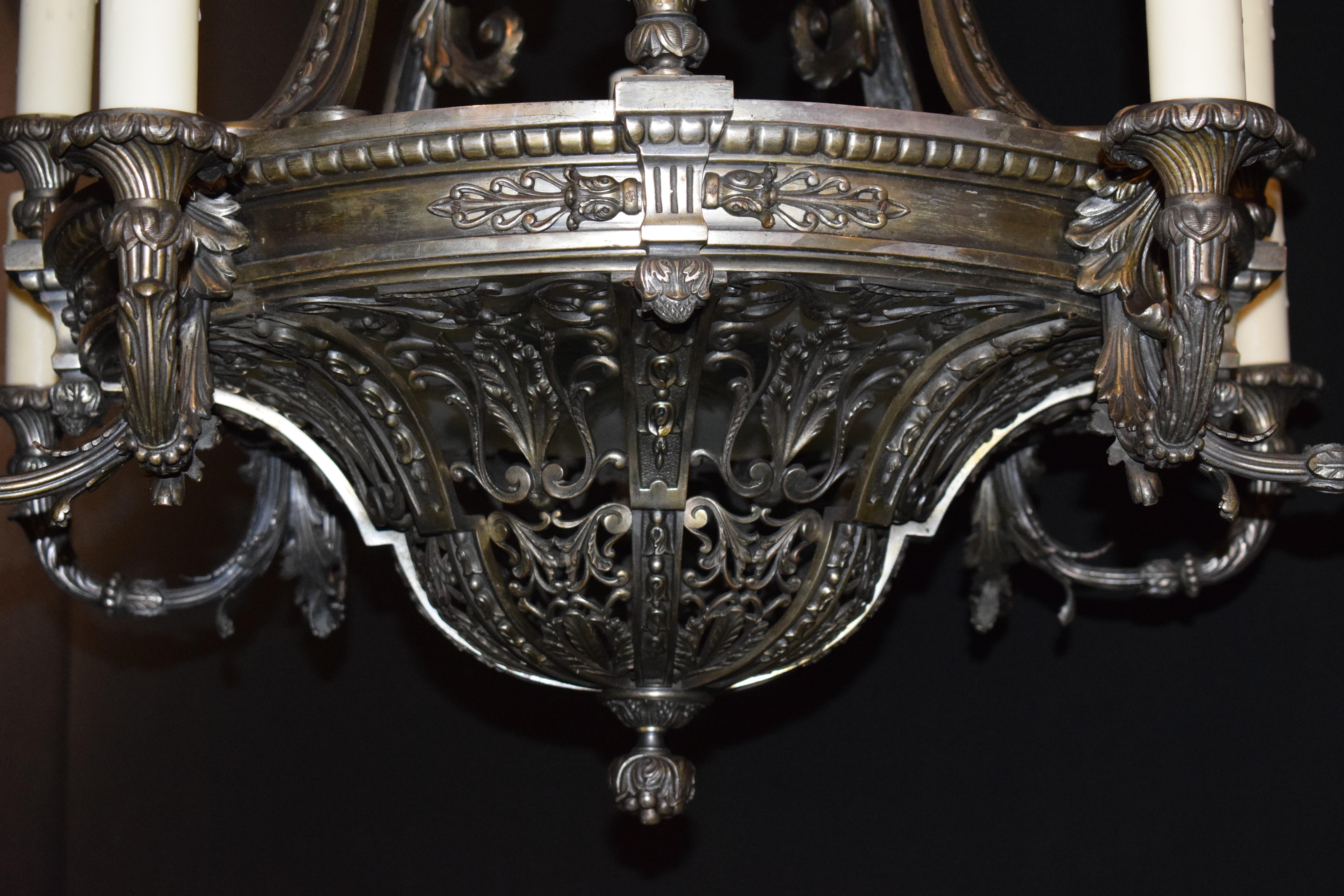 Silvered Silver over Bronze Neoclassical Chandelier For Sale