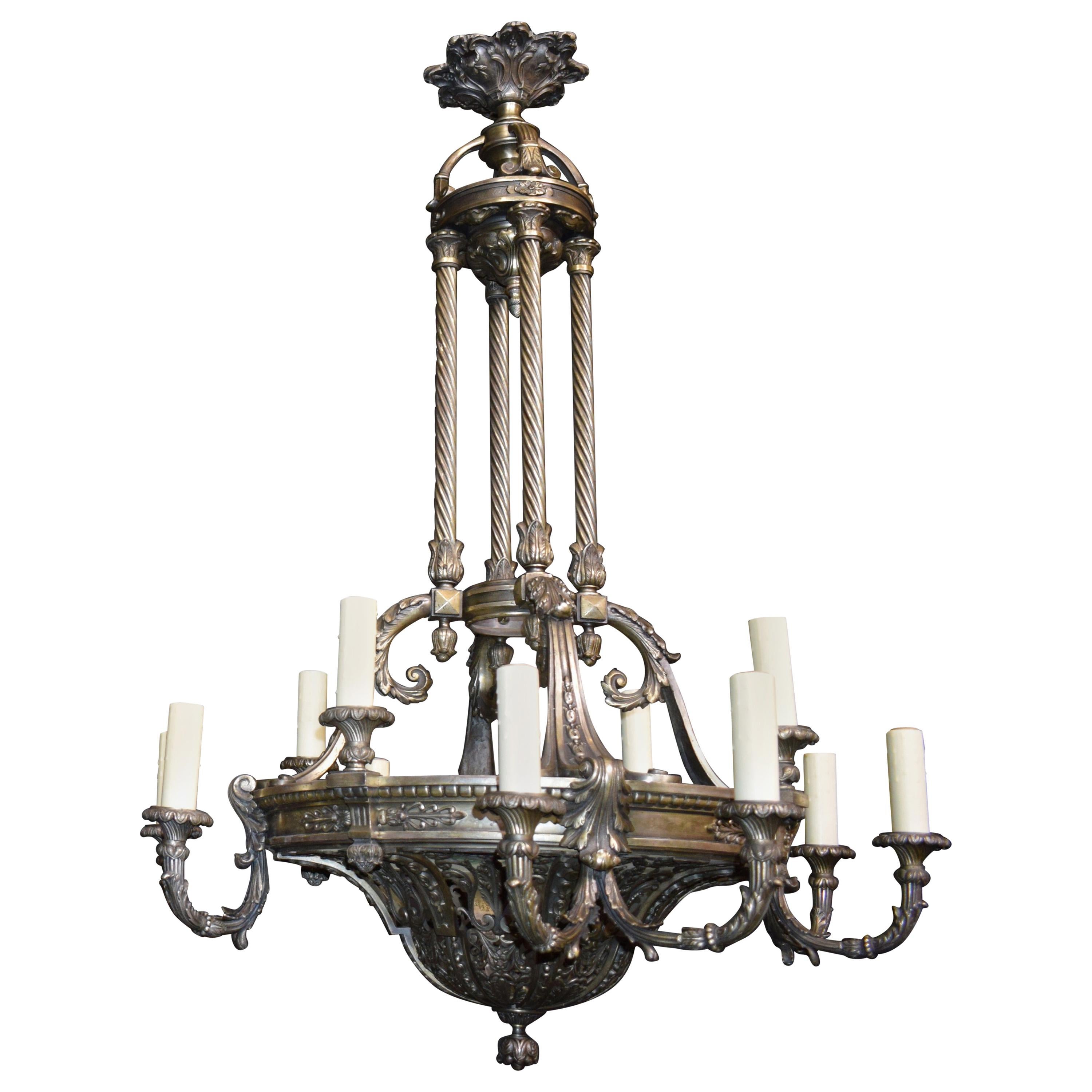 Silver over Bronze Neoclassical Chandelier For Sale