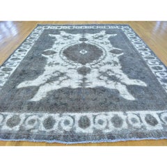 Silver Overdyed Persian Tabriz Barjasta Pure Wool Vintage Rug