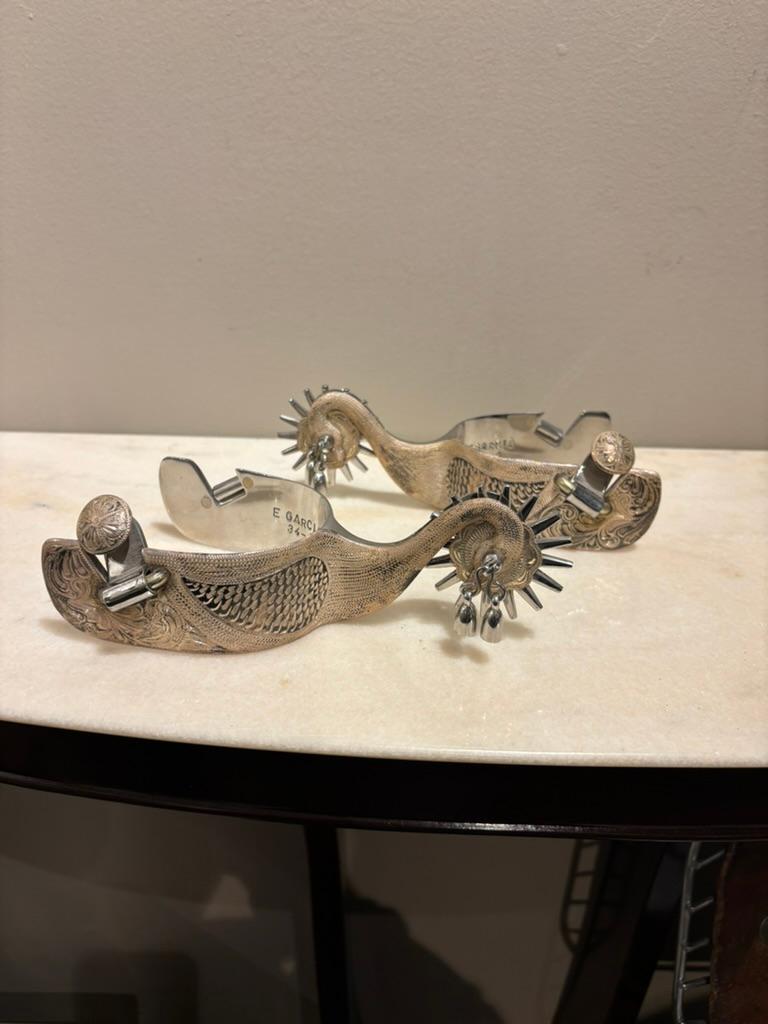 Espuelas de Vaquero de Acero Pulido con Recubrimiento de Plata de Eduardo Garcia  circa 1980's en venta 1