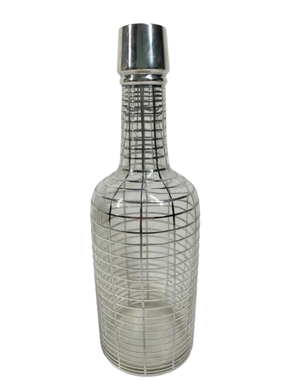 20th Century Silver Overlay Art Deco Back Bar Bottle w/Grid Pattern and Monogram Plaque 