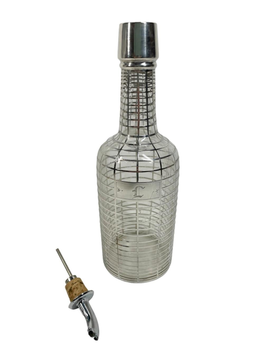 Sterling Silver Silver Overlay Art Deco Back Bar Bottle w/Grid Pattern and Monogram Plaque 