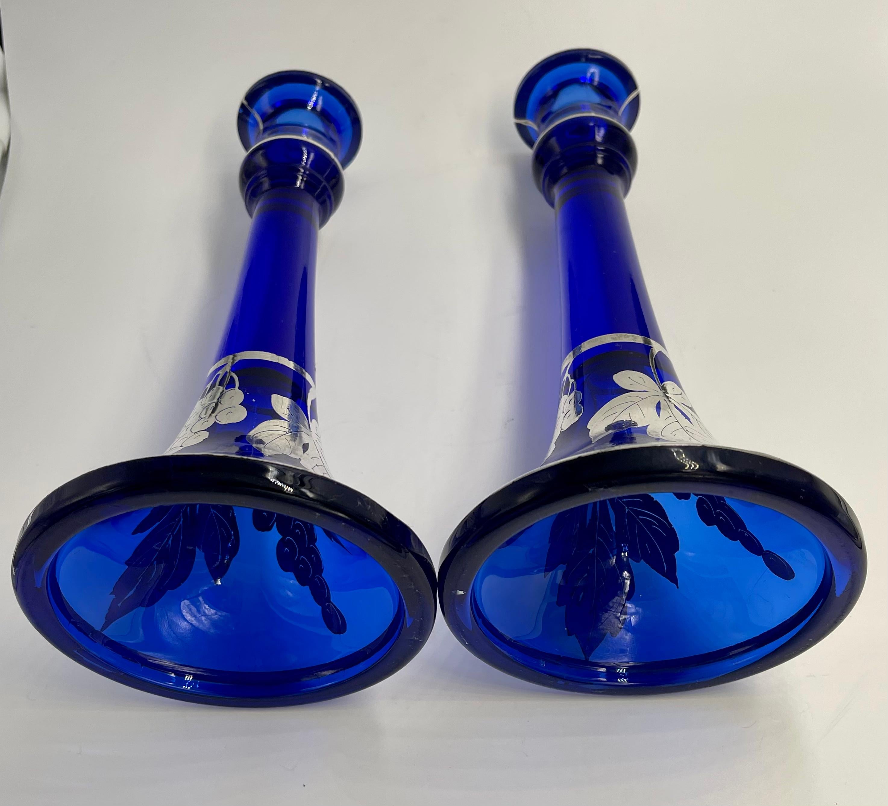 Silver Overlay Colbalt Blue Grape and Leaf Candlestick Candle Holders Pair  In Fair Condition For Sale In Miami Beach, FL