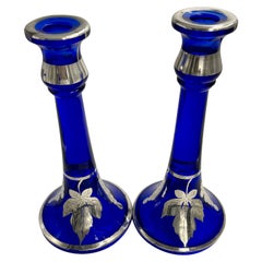 Silver Overlay Colbalt Blue Grape and Leaf Candlestick Candle Holders Pair