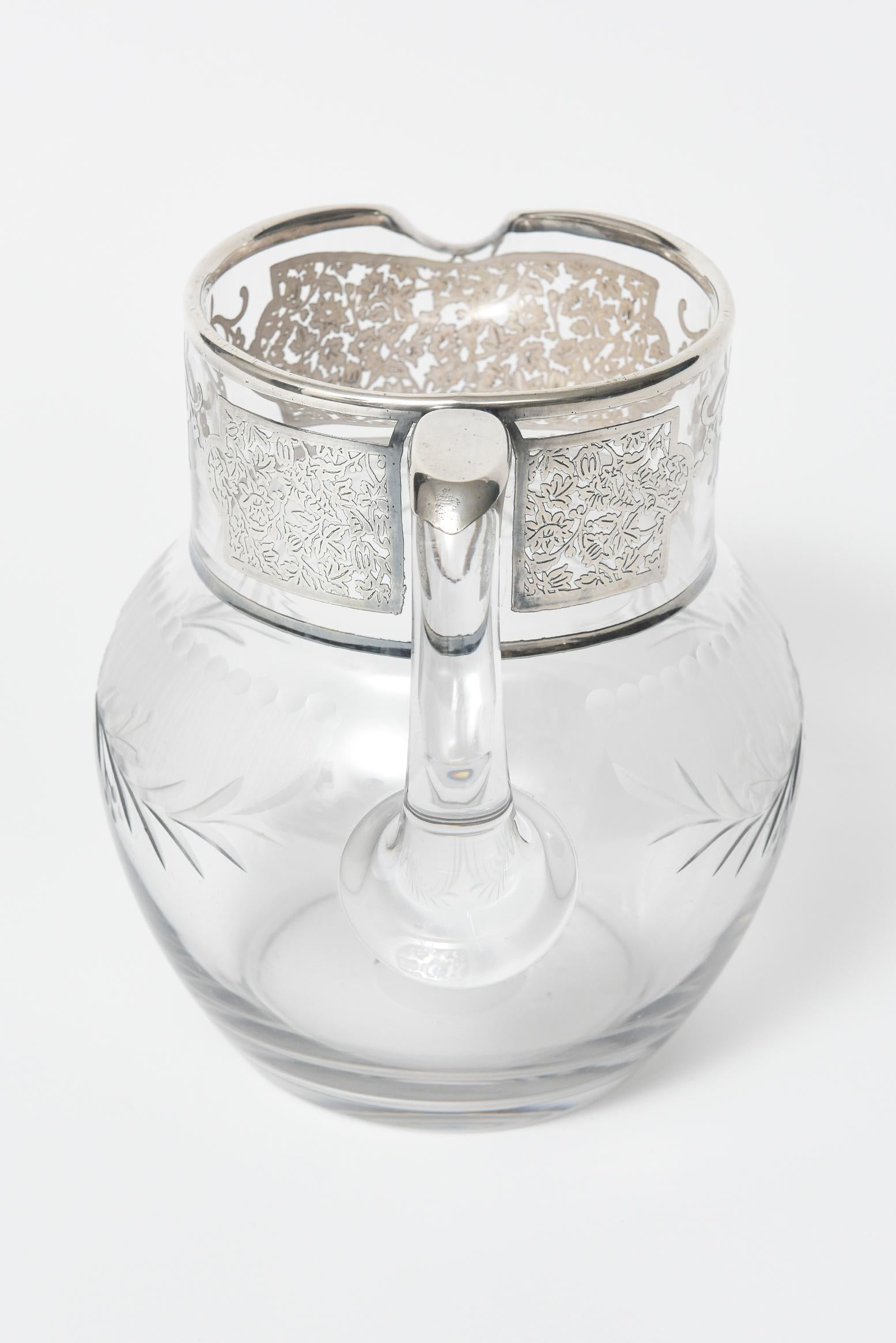 Silver Overlay Floral Etched Clear Glass Water Pitcher Jug Decanter For Sale 4