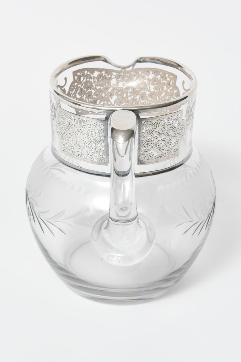 Silver Overlay Floral Etched Clear Glass Water Pitcher Jug Decanter For Sale 7