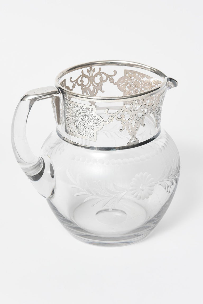 20th Century Silver Overlay Floral Etched Clear Glass Water Pitcher Jug Decanter For Sale