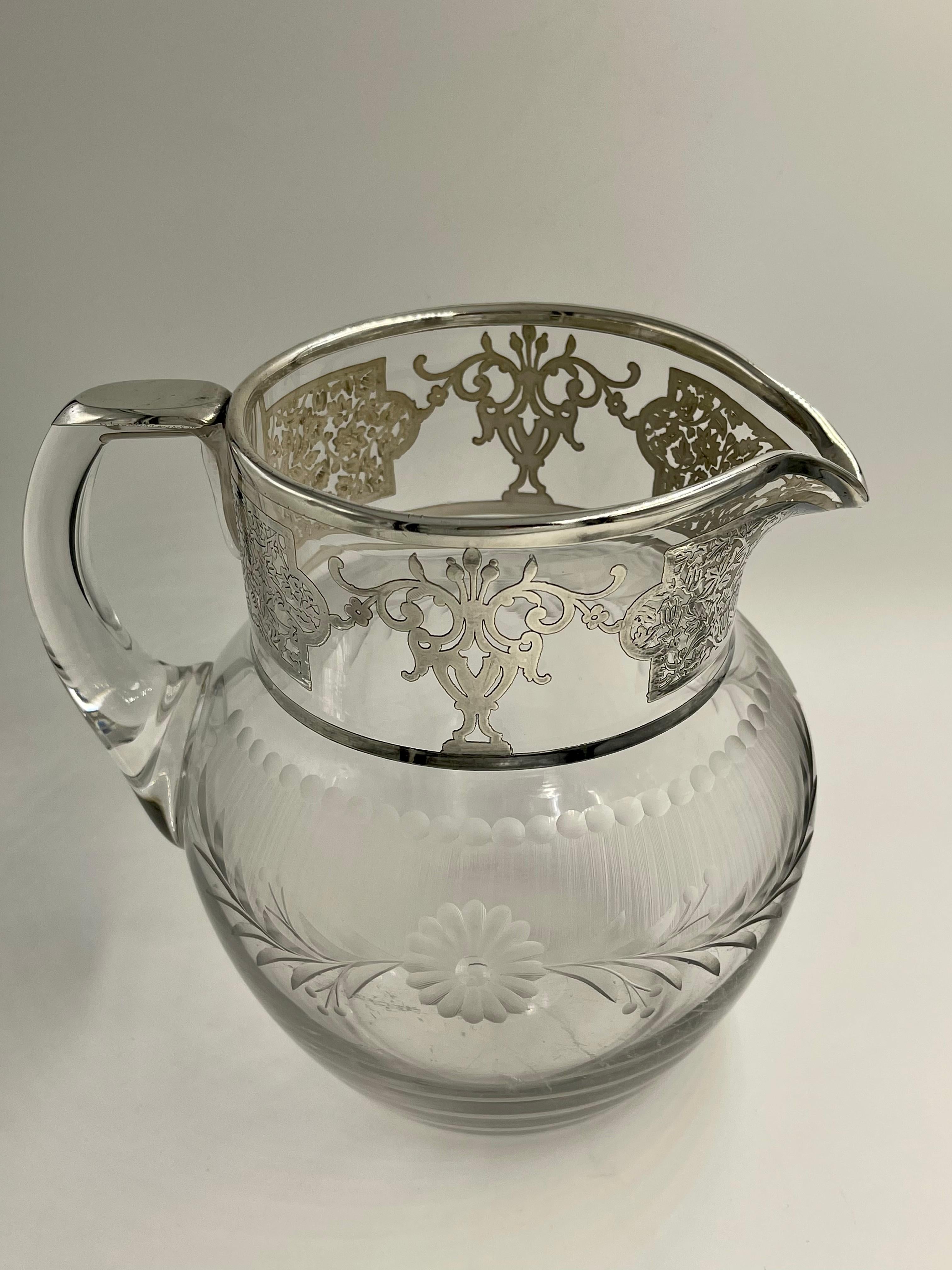 Silver Overlay Floral Etched Clear Glass Water Pitcher Jug Decanter For Sale 1