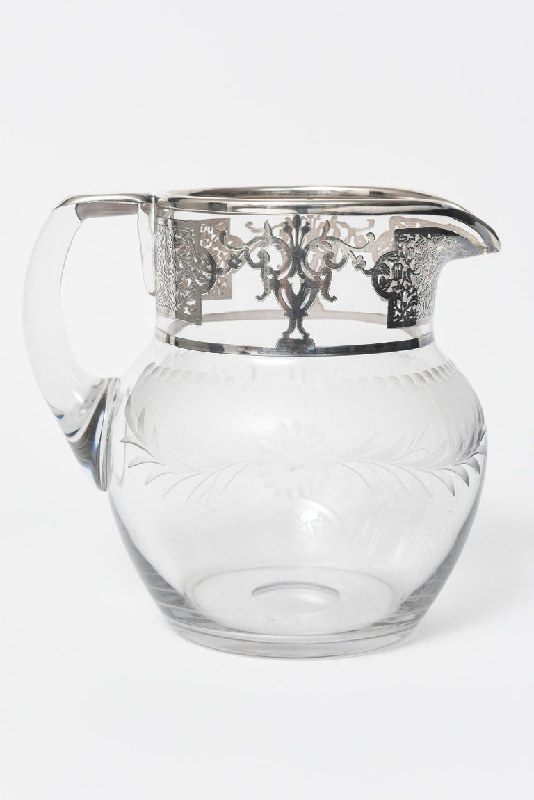 Silver Overlay Floral Etched Clear Glass Water Pitcher Jug Decanter For Sale 2