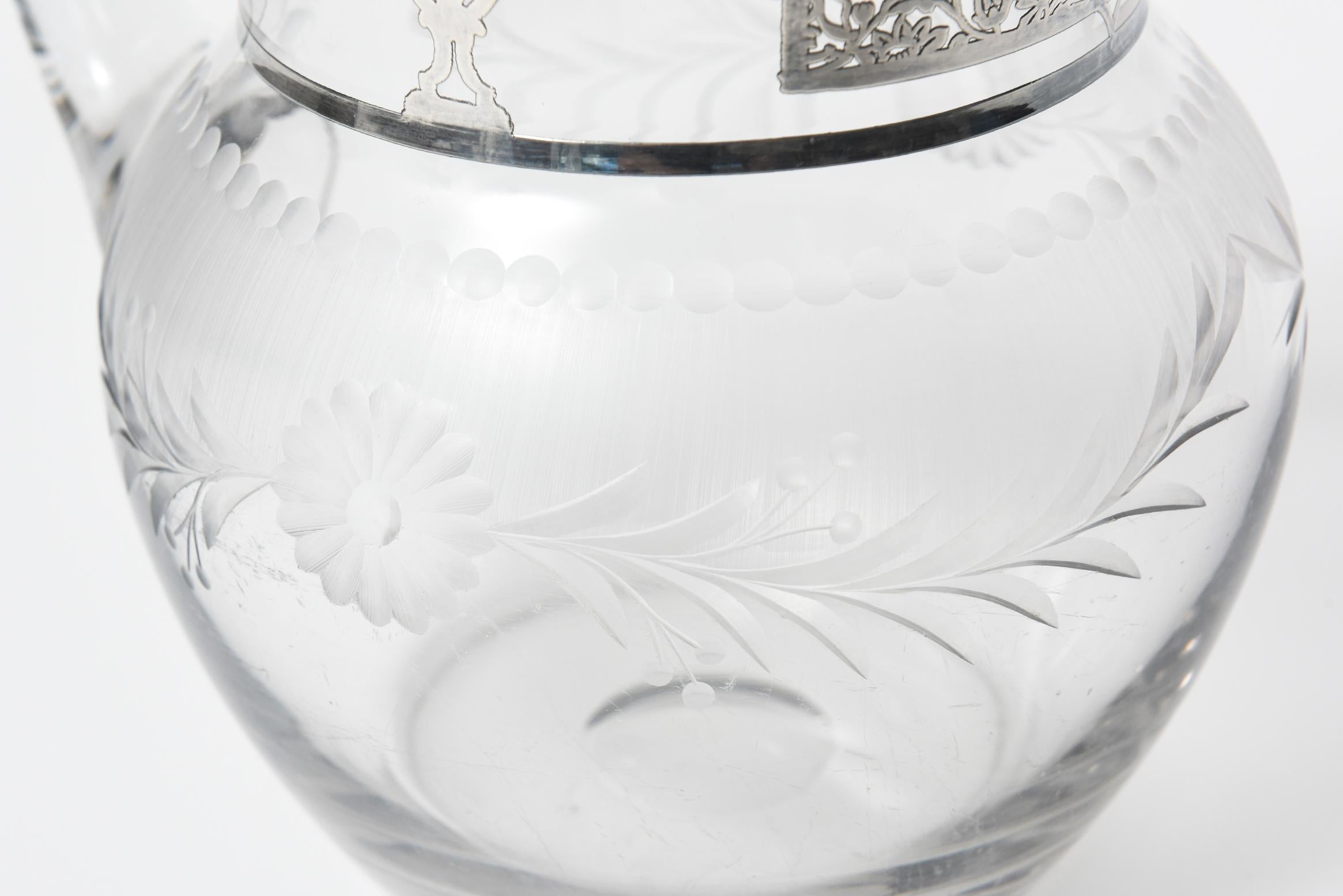 Wasserkrug/ Krug/ Dekanter aus geätztem Klarglas mit silbernem Silberüberzug mit Blumenmuster im Angebot 3