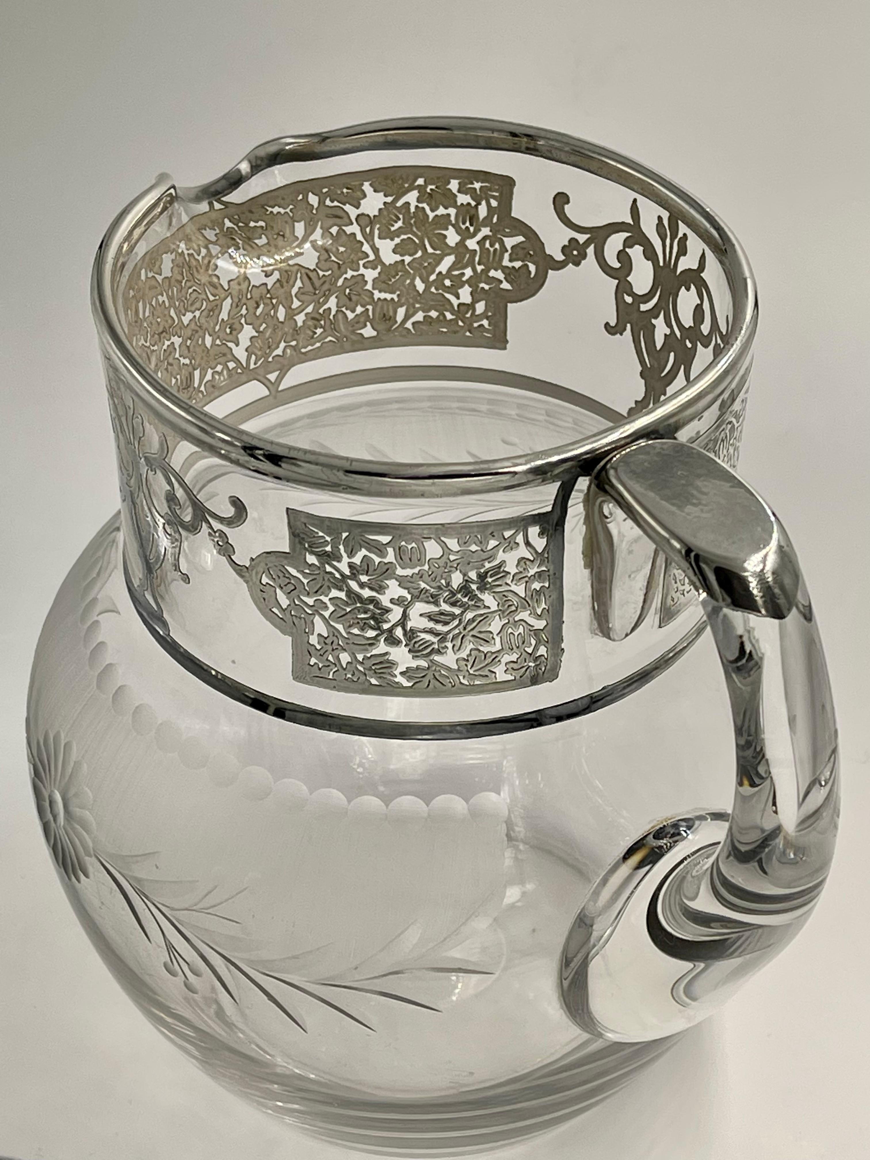 Silver Overlay Floral Etched Clear Glass Water Pitcher Jug Decanter For Sale 3