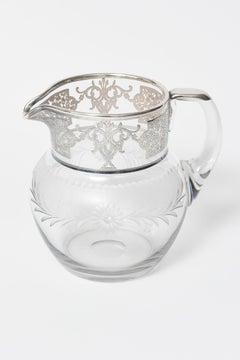 Antique Silver Overlay Floral Etched Clear Glass Water Pitcher Jug Decanter