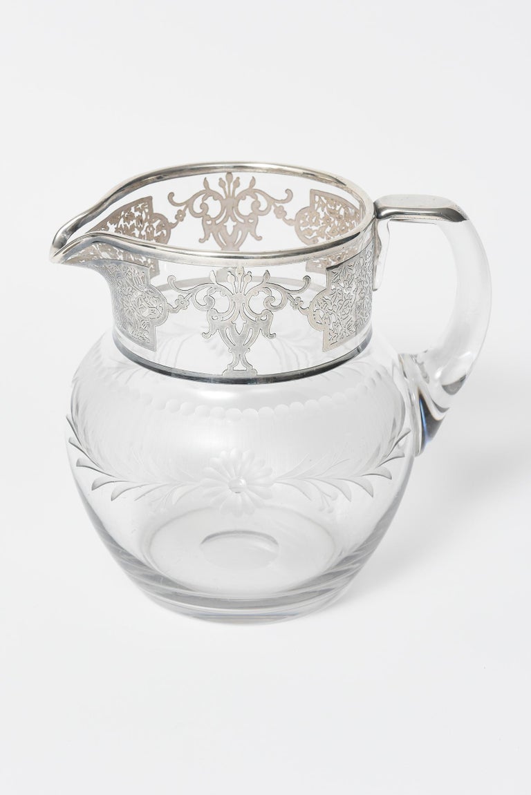 Silver Overlay Floral Etched Clear Glass Water Pitcher Jug Decanter For Sale