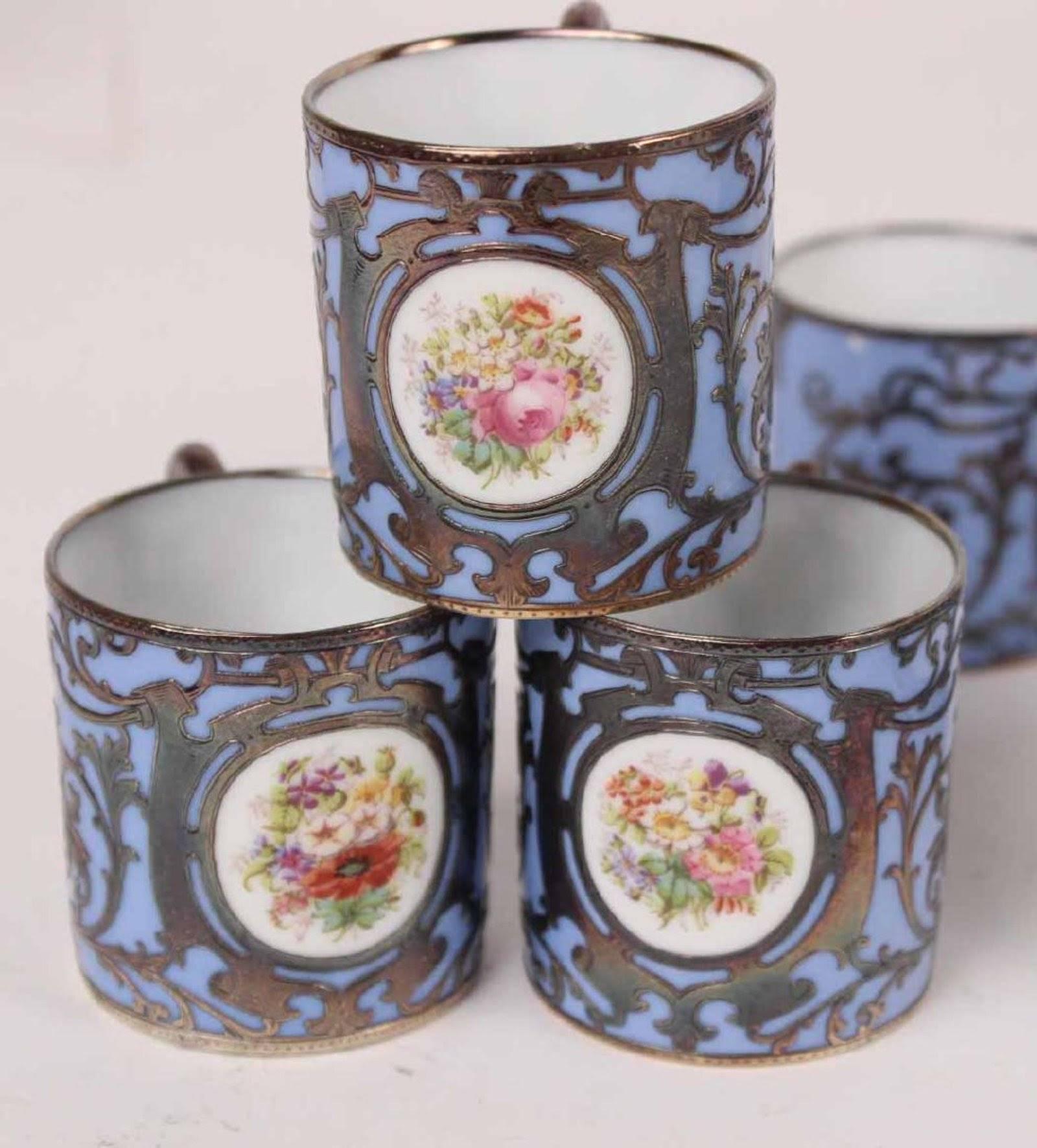 Antique Austrian Silver overlay  Porcelain Demitasse Coffee Service In Good Condition In New York, NY