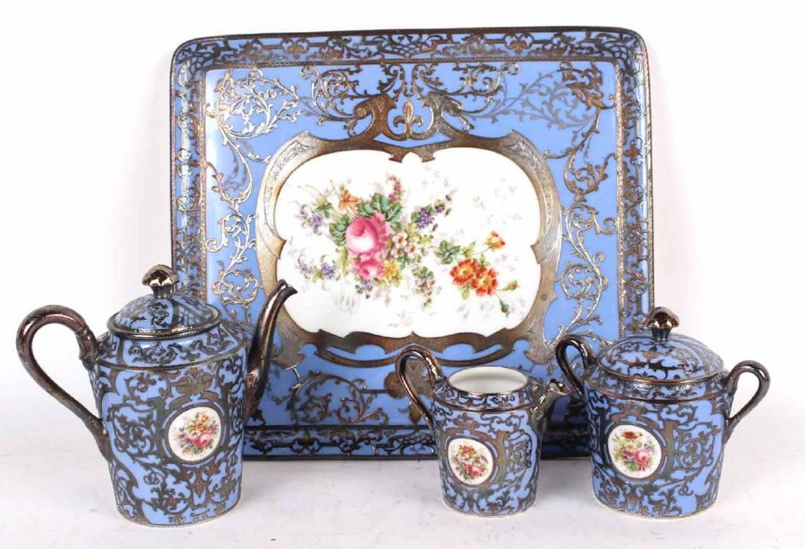 19th Century Antique Austrian Silver overlay  Porcelain Demitasse Coffee Service