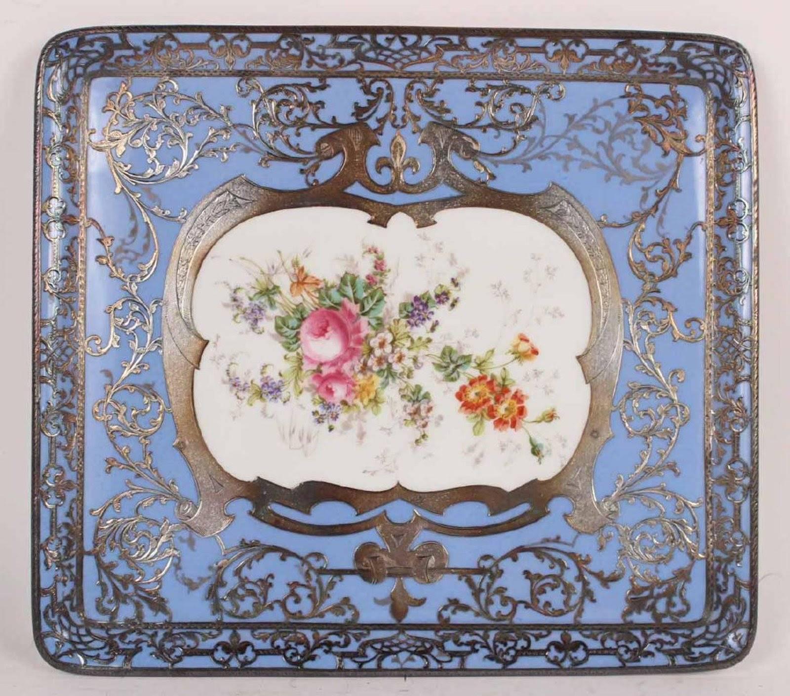 Antique Austrian Silver overlay  Porcelain Demitasse Coffee Service 1