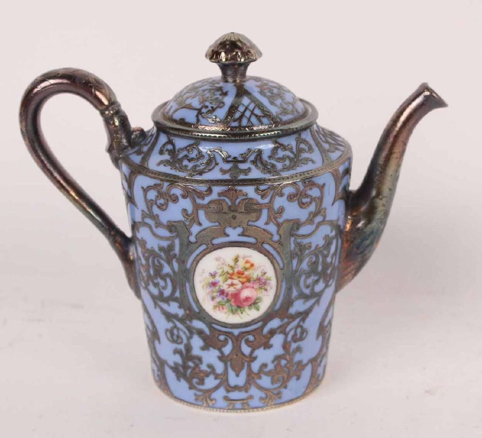 Antique Austrian Silver overlay  Porcelain Demitasse Coffee Service 3