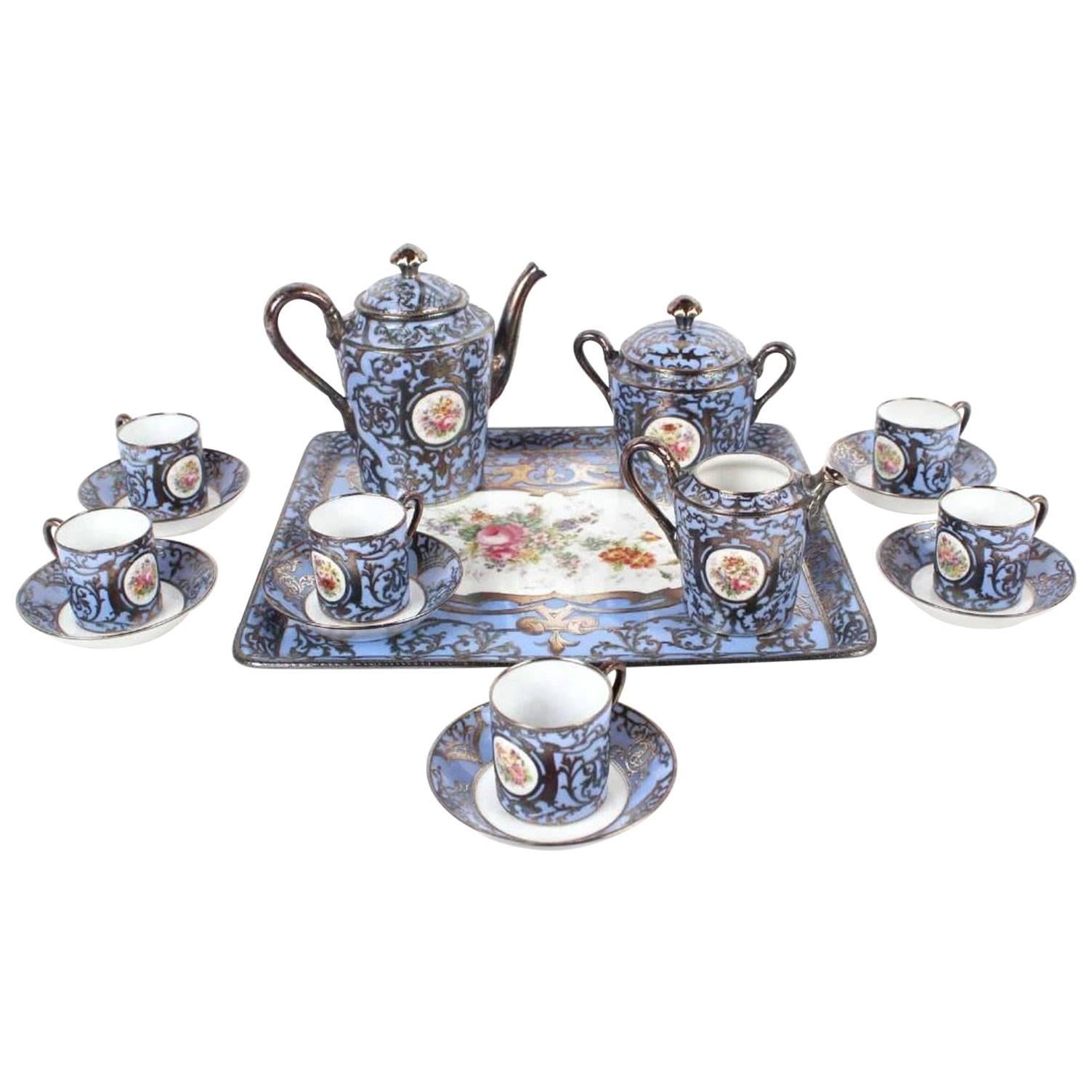 Antique Austrian Silver overlay  Porcelain Demitasse Coffee Service