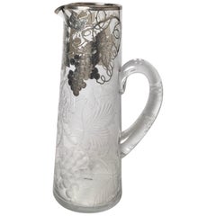 Antique Silver Overlay Vine Pattern Etched Glass Pitcher