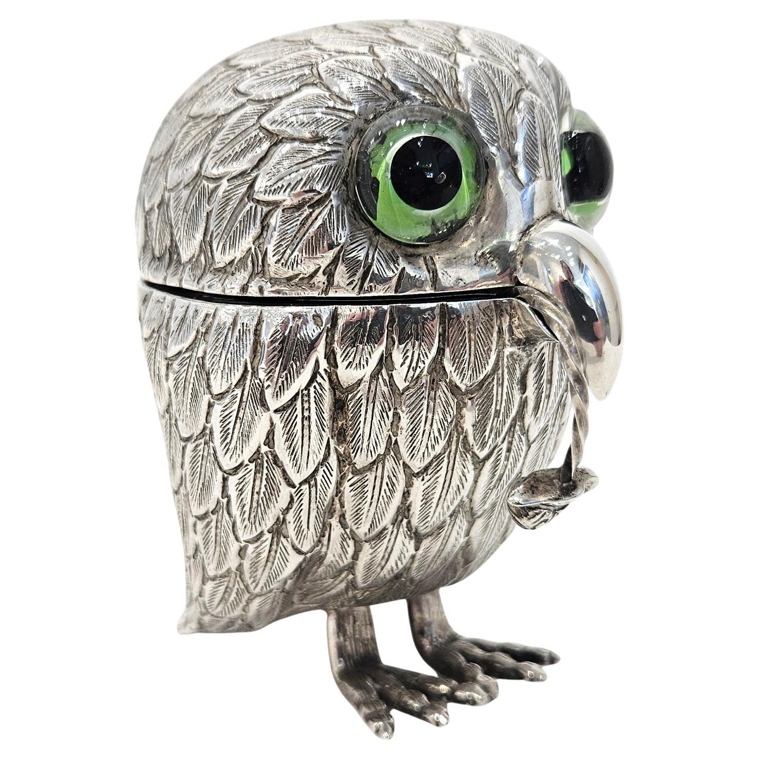 Silver Owl Mustard Pot with Unusual Green Eyes & Snail Serving Spoon, c. 1930
