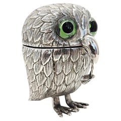 Silver Owl Mustard Pot with Unusual Green Eyes & Snail Serving Spoon, c. 1930