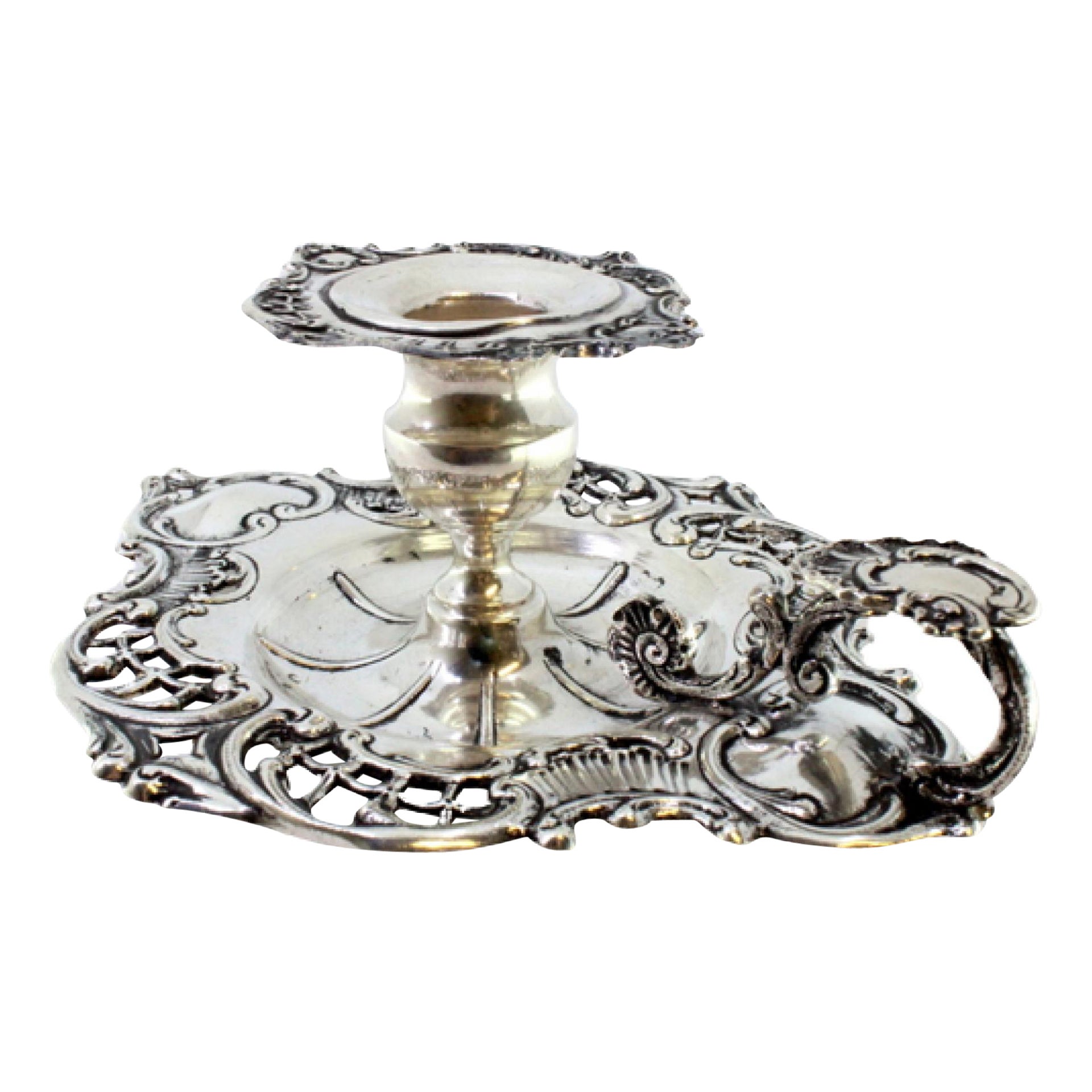 Silver paddle with reliefs surrounding a monogram card and resting on three feet