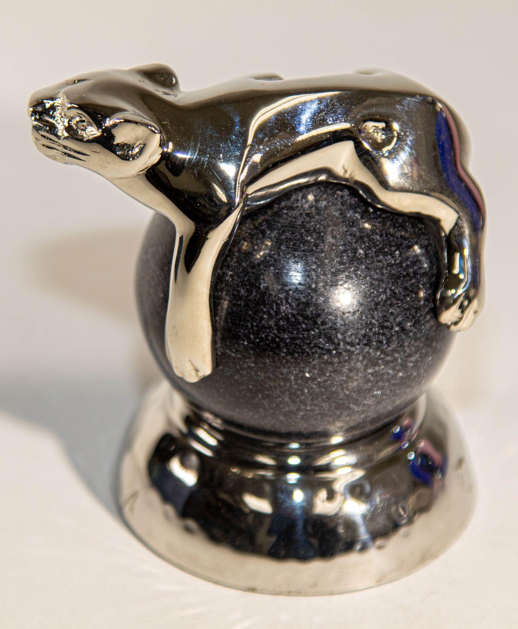 Post-Modern Silver Panther Paperweight on a Black Marble Ball by Mary Jurek Design For Sale