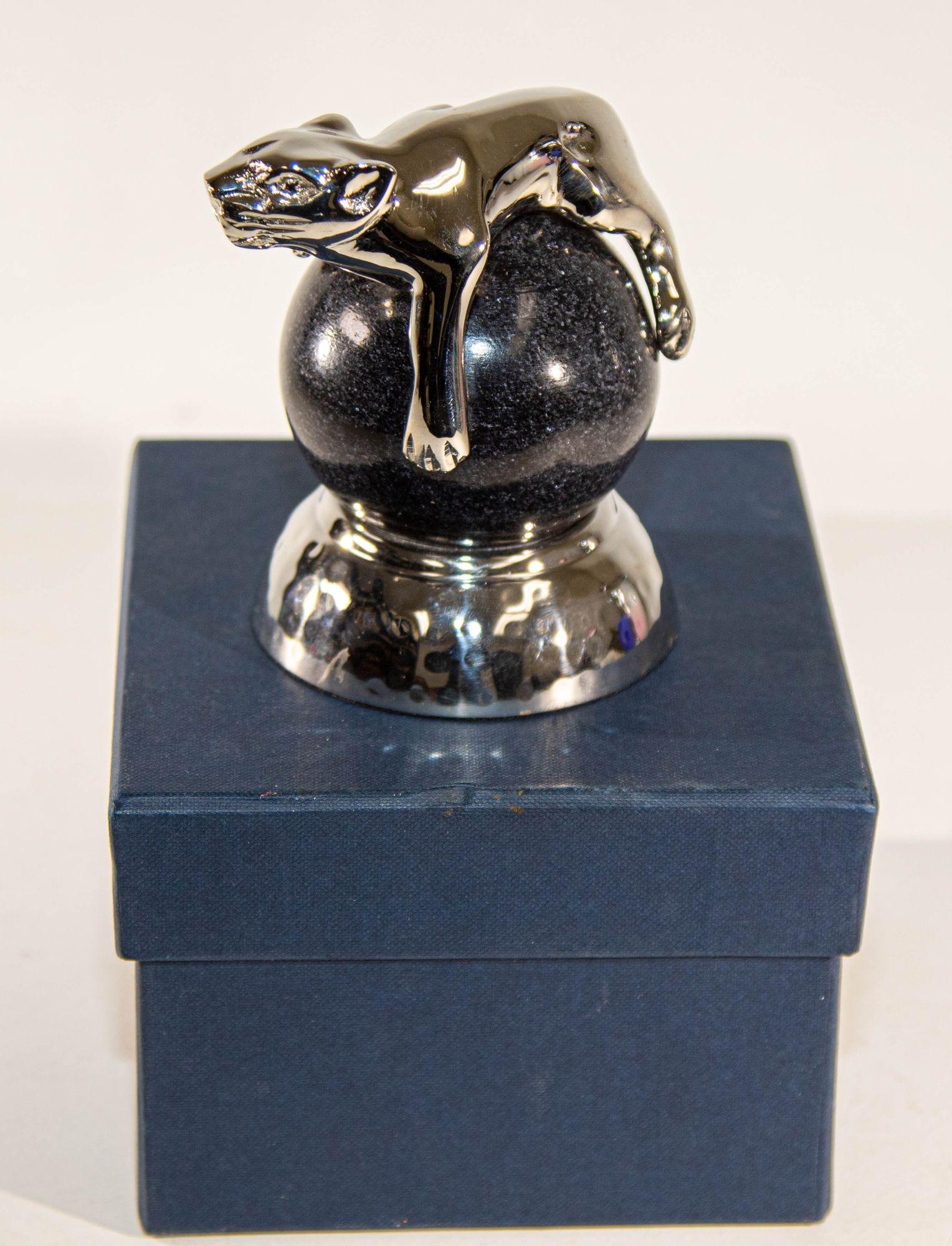Indian Silver Panther Paperweight on a Black Marble Ball by Mary Jurek Design For Sale