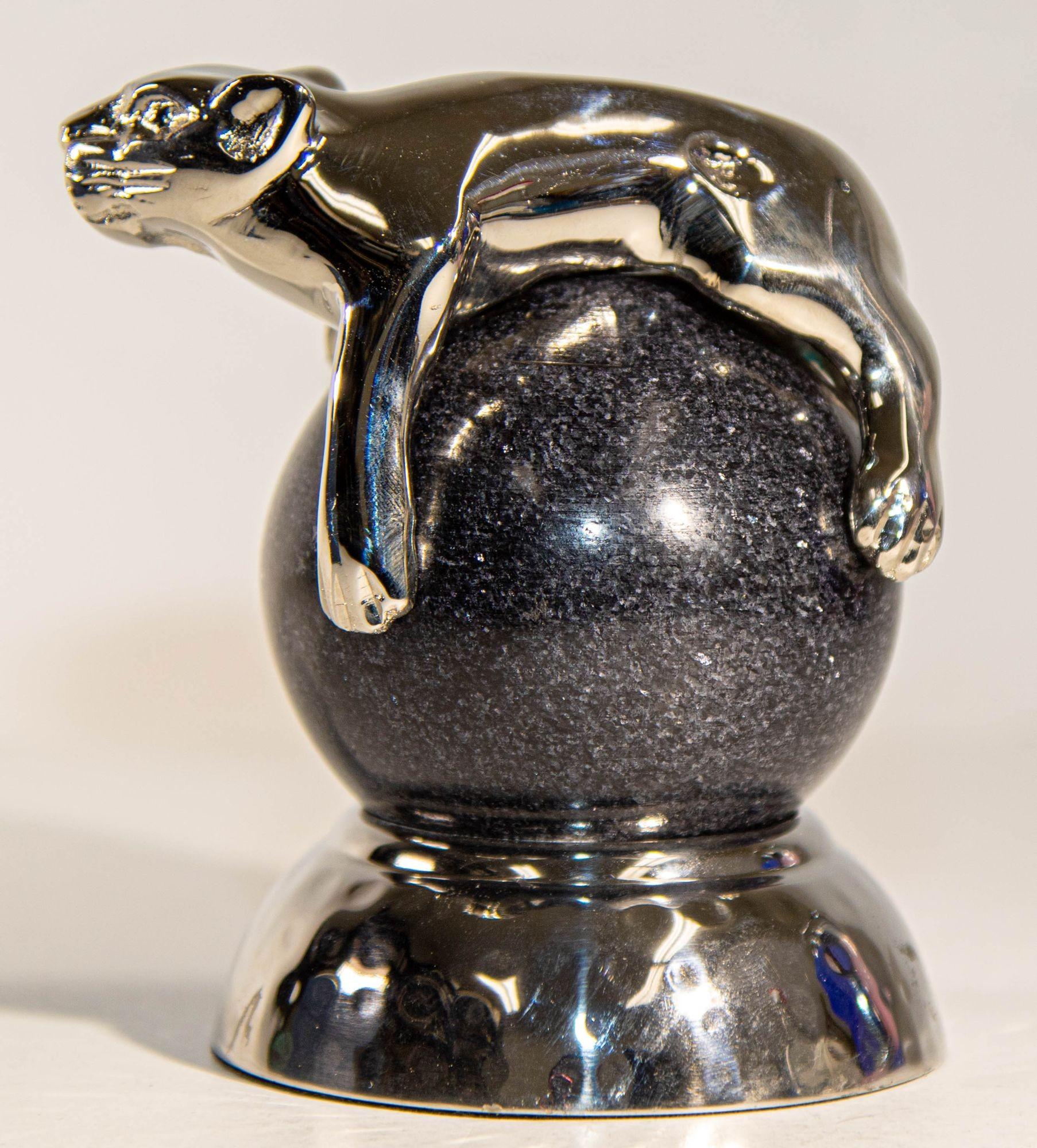 Cast Silver Panther Paperweight on a Black Marble Ball by Mary Jurek Design For Sale