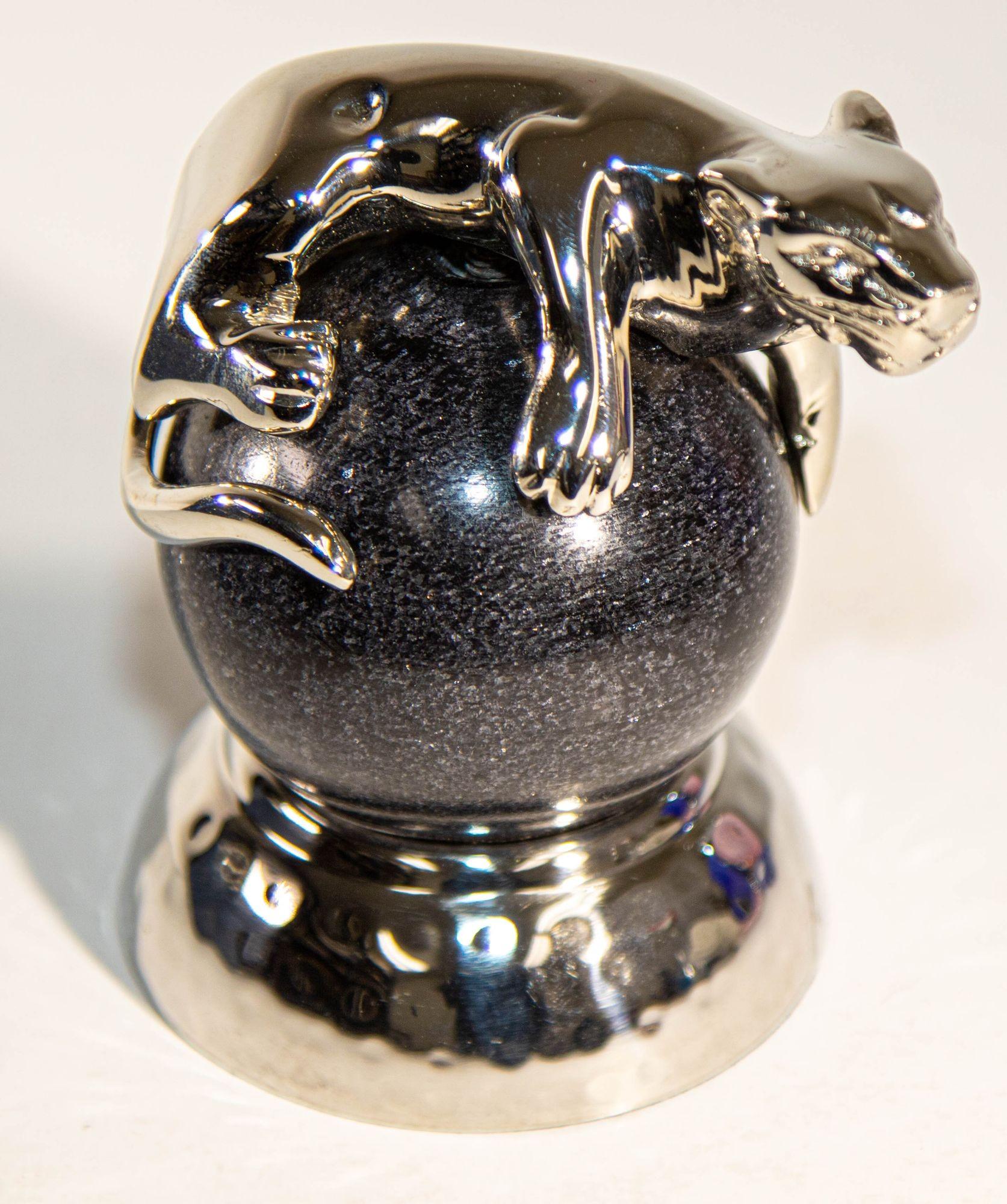 Silver Panther Paperweight on a Black Marble Ball by Mary Jurek Design In Good Condition For Sale In North Hollywood, CA
