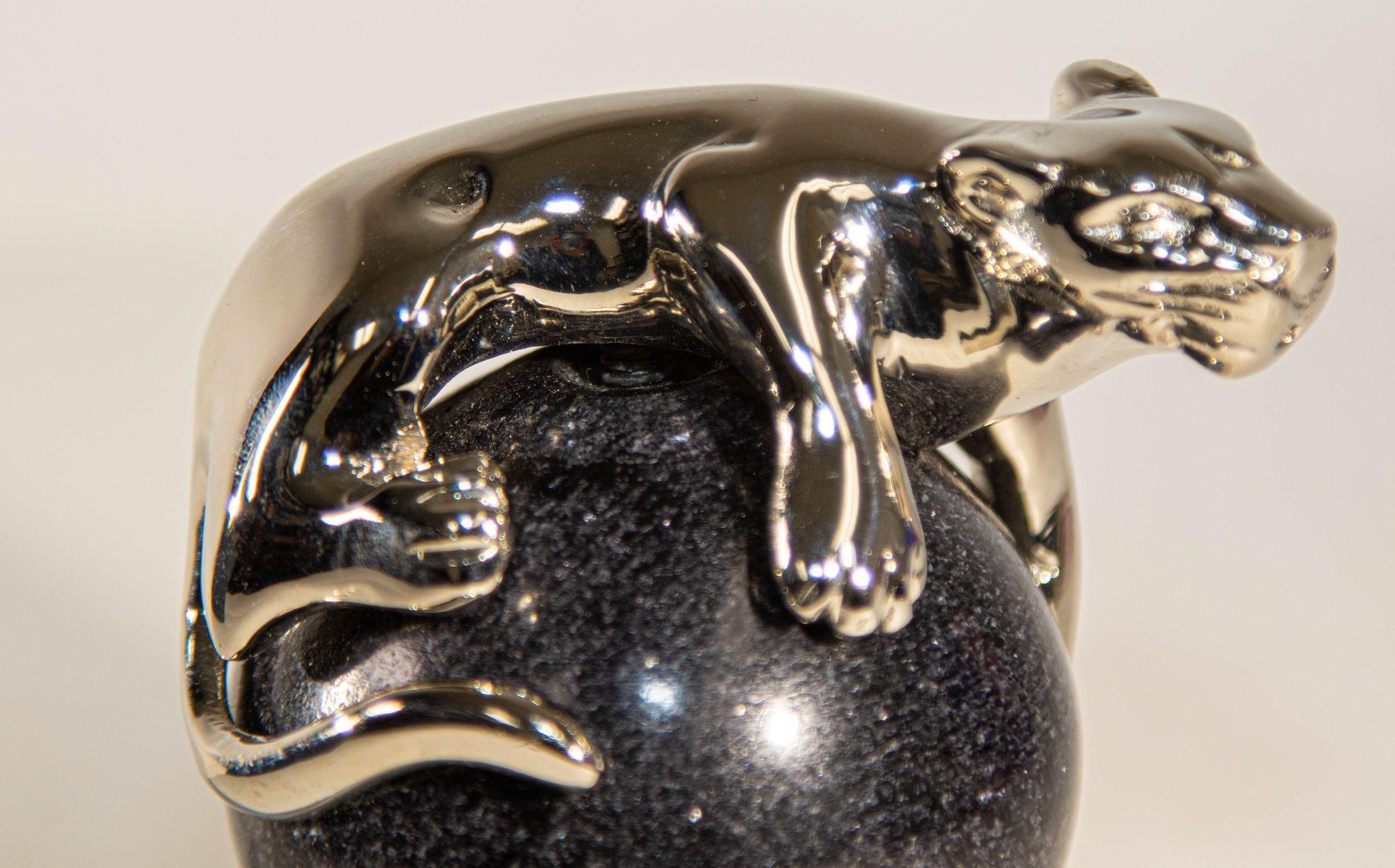 Metal Silver Panther Paperweight on a Black Marble Ball by Mary Jurek Design For Sale