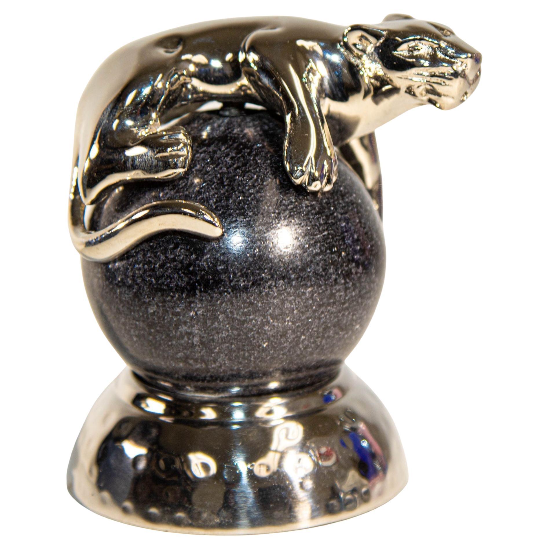 Silver Panther Paperweight on a Black Marble Ball by Mary Jurek Design For Sale