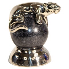 Retro Silver Panther Paperweight on a Black Marble Ball by Mary Jurek Design