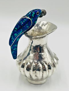 Silver Parrot Pitcher with Lapis and Turquoise Inlay, Los Fajardo, Mexico 1960s