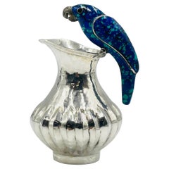 Silver Parrot Pitcher with Lapis and Turquoise Inlay, Los Fajardo, 1960s