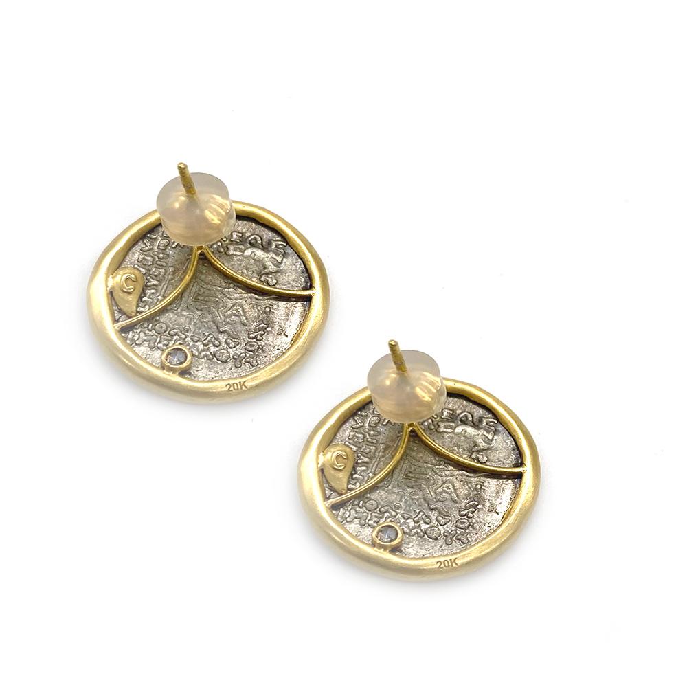 Antiquity Plain Stud Earrings Set In 20 Karat Yellow Gold. Each Earring Contains 8.11 Carat Parthian Coin and 0.08 Carat Rose-Cut Diamonds.