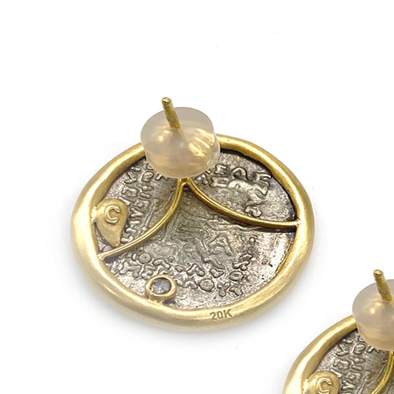 Taille rose Boucles d'oreilles en argent avec pièce de monnaie parthienne et diamants de 0,08 carat en vente