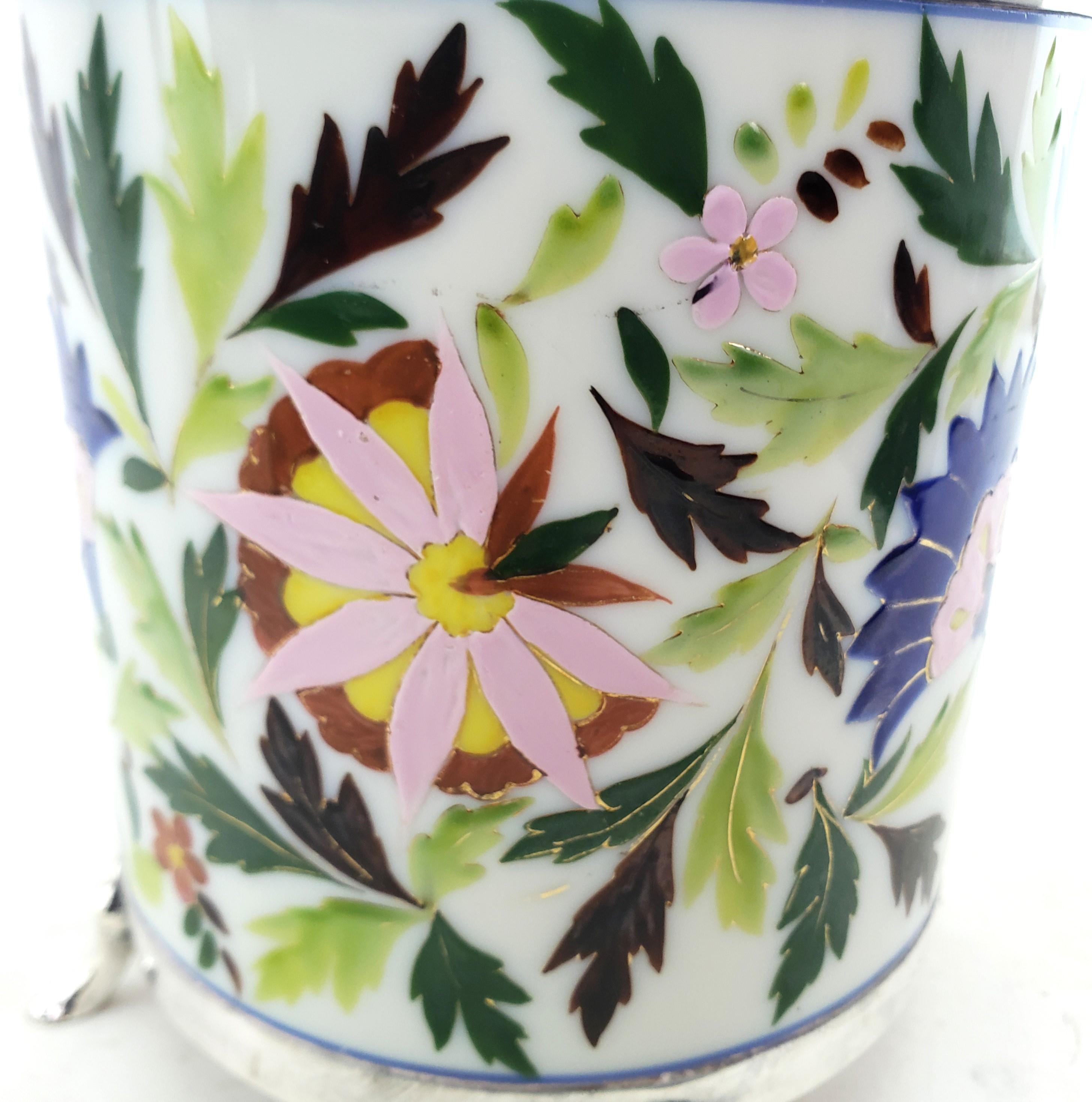  Silver Plated & Ceramic Biscuit Barrel with Floral Decoration & Twig Handle For Sale 3