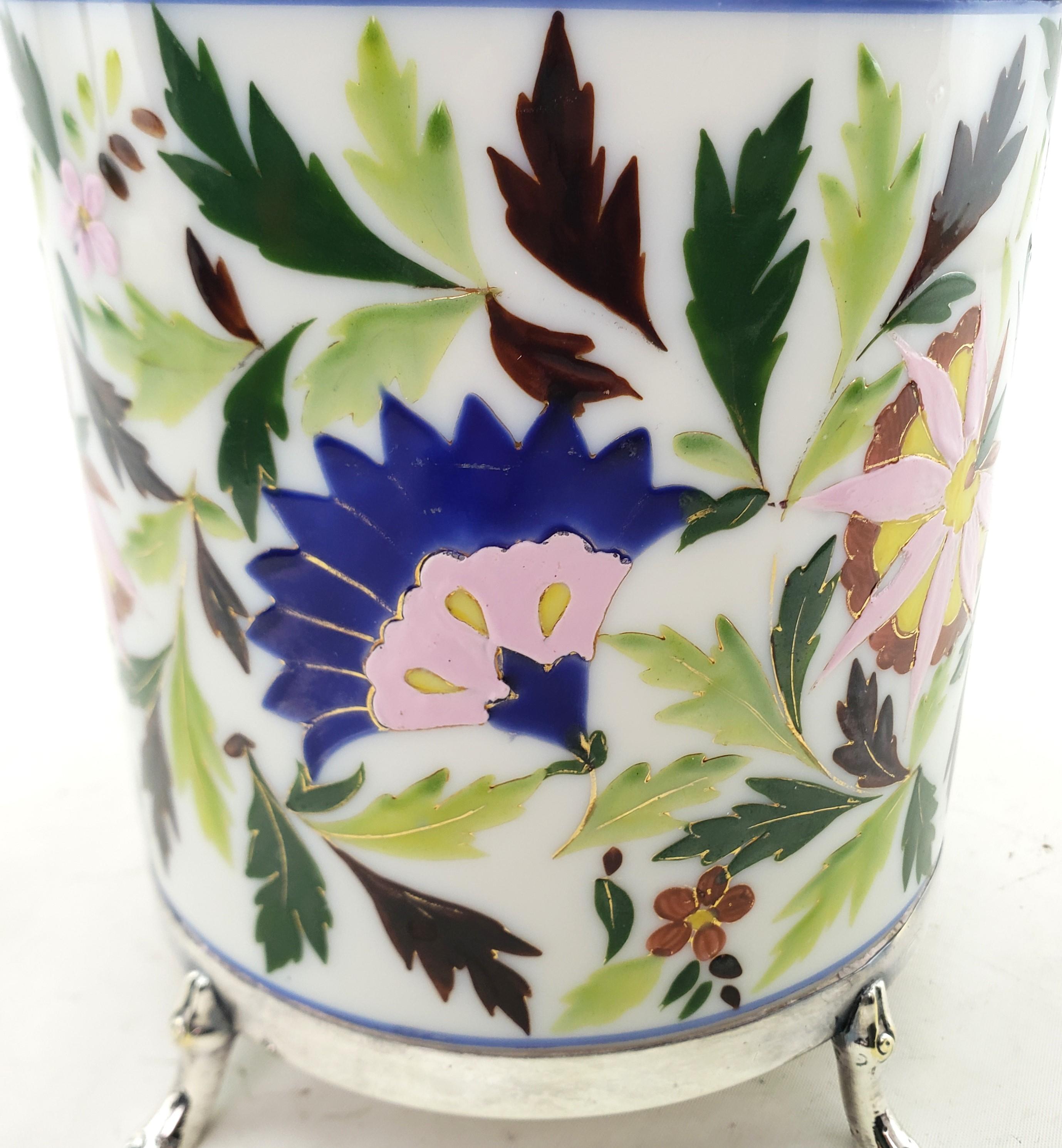  Silver Plated & Ceramic Biscuit Barrel with Floral Decoration & Twig Handle For Sale 4