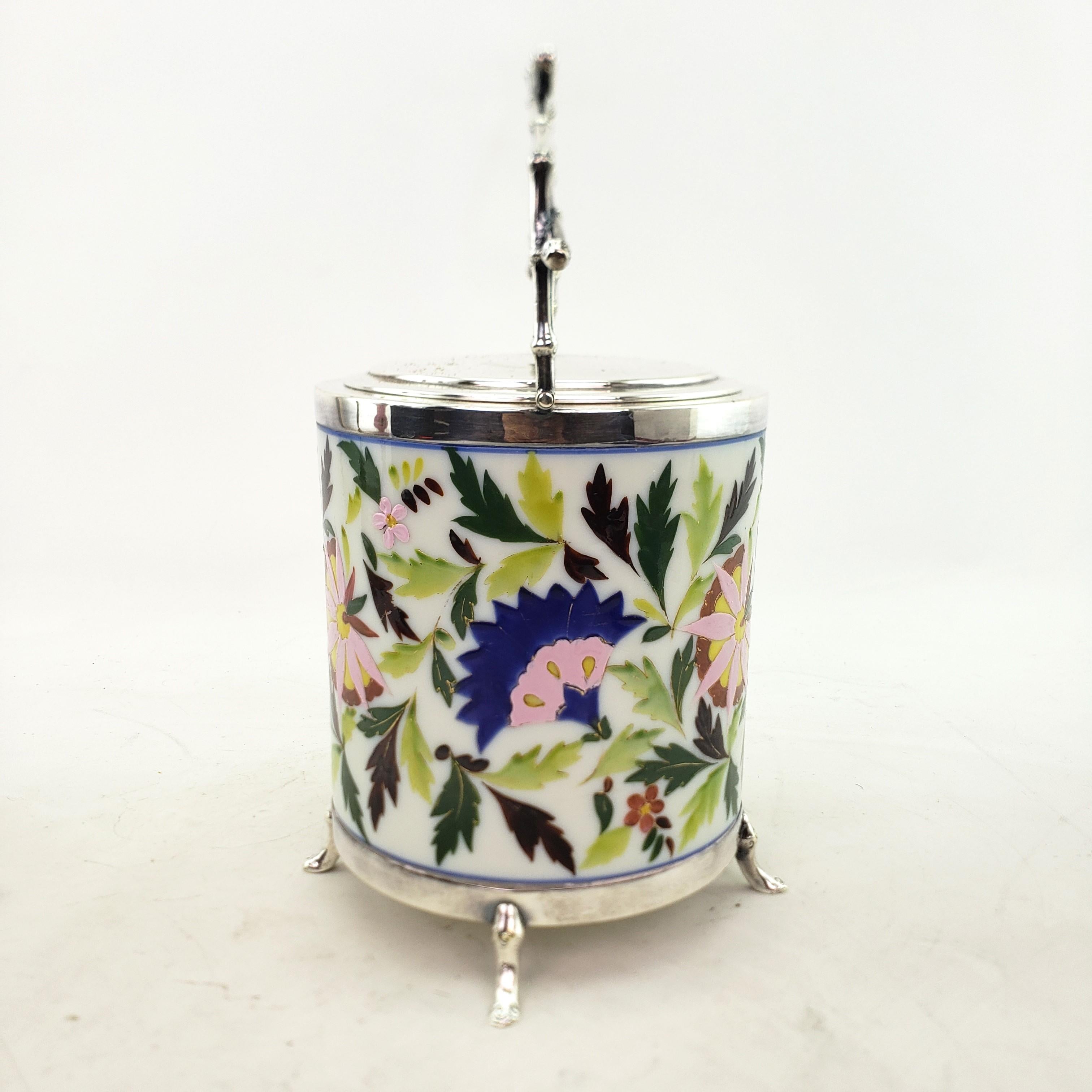 Art Deco  Silver Plated & Ceramic Biscuit Barrel with Floral Decoration & Twig Handle For Sale