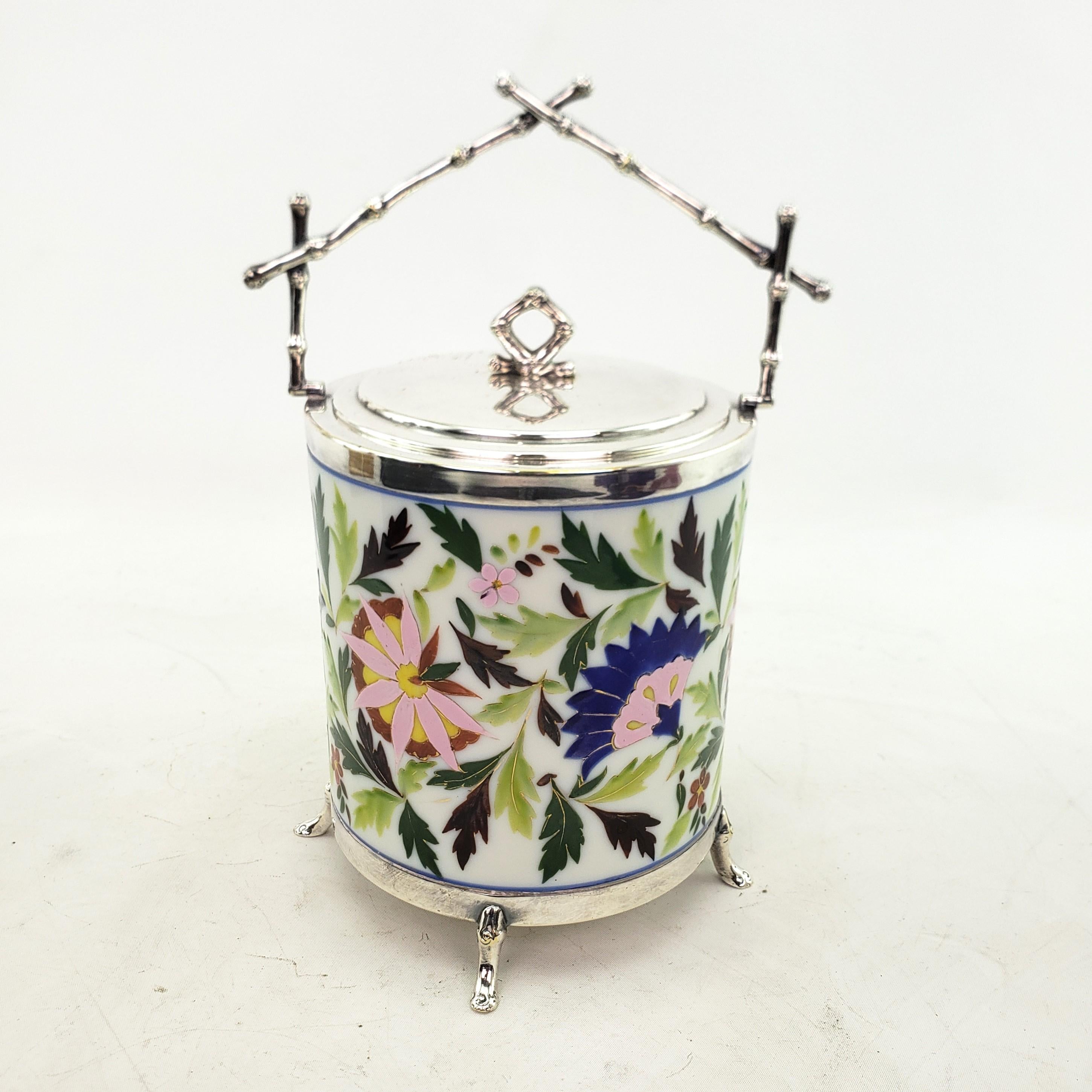 English  Silver Plated & Ceramic Biscuit Barrel with Floral Decoration & Twig Handle For Sale