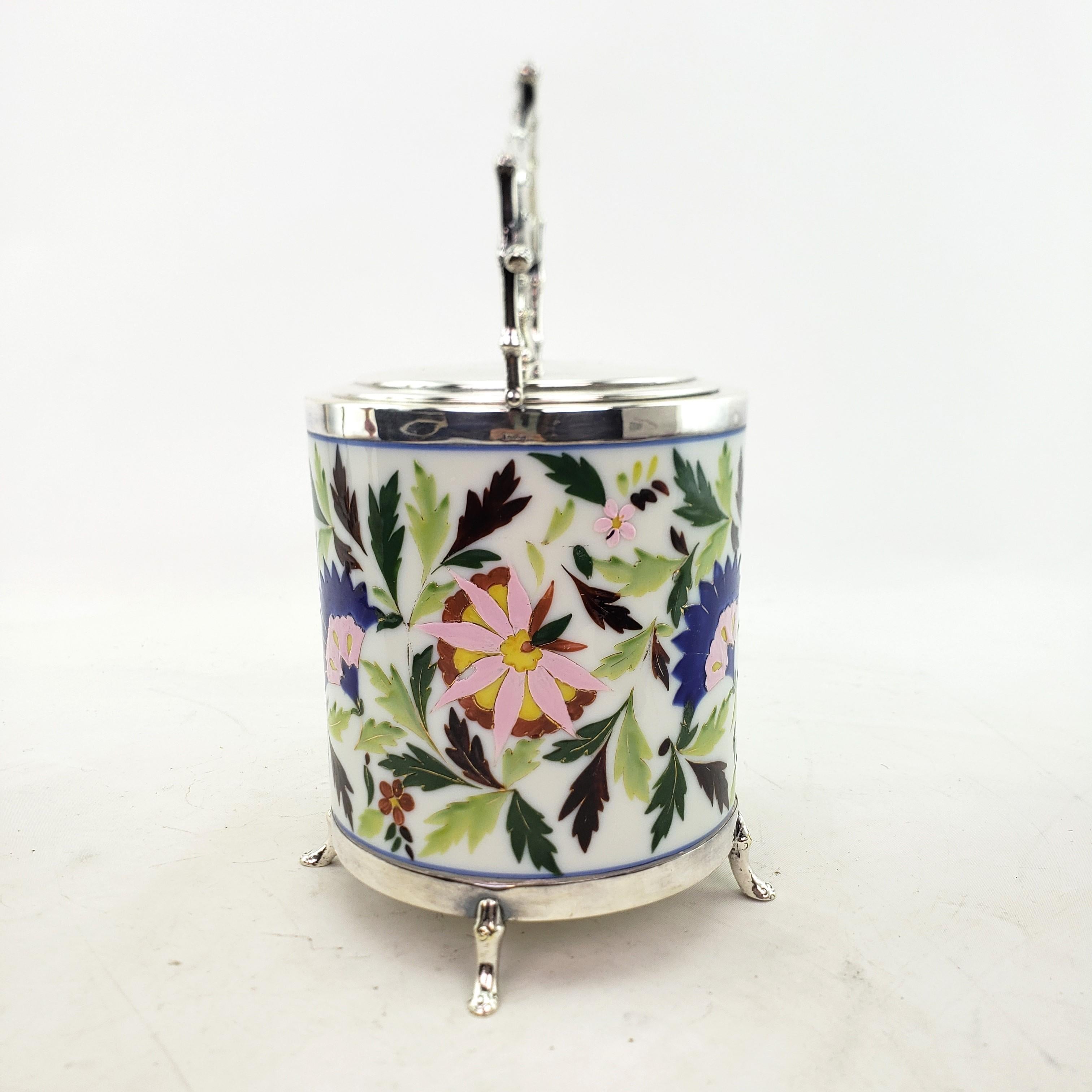 Machine-Made  Silver Plated & Ceramic Biscuit Barrel with Floral Decoration & Twig Handle For Sale